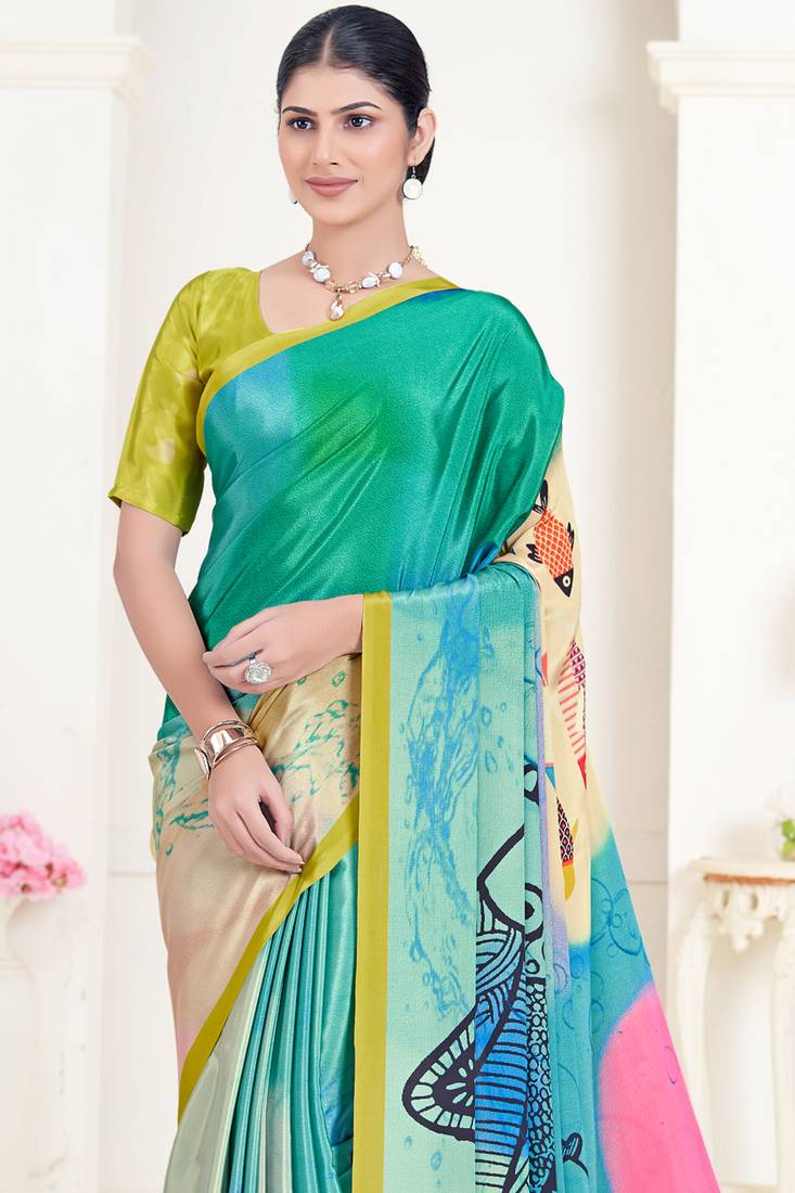 Green Pure Soft Crape With Flower Digital Prints Satin Saree