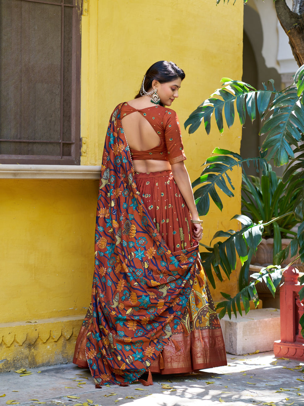 Rust Pure Tasar Silk Kalamkari Print With Foil Work Lehenga Choli