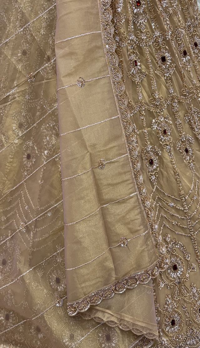 Chicku Pure Fendi Tussaud Silk Crystal Beads work Multi Thread Dori and Sequins Work Sequins Work Bridal Lehenga Choli