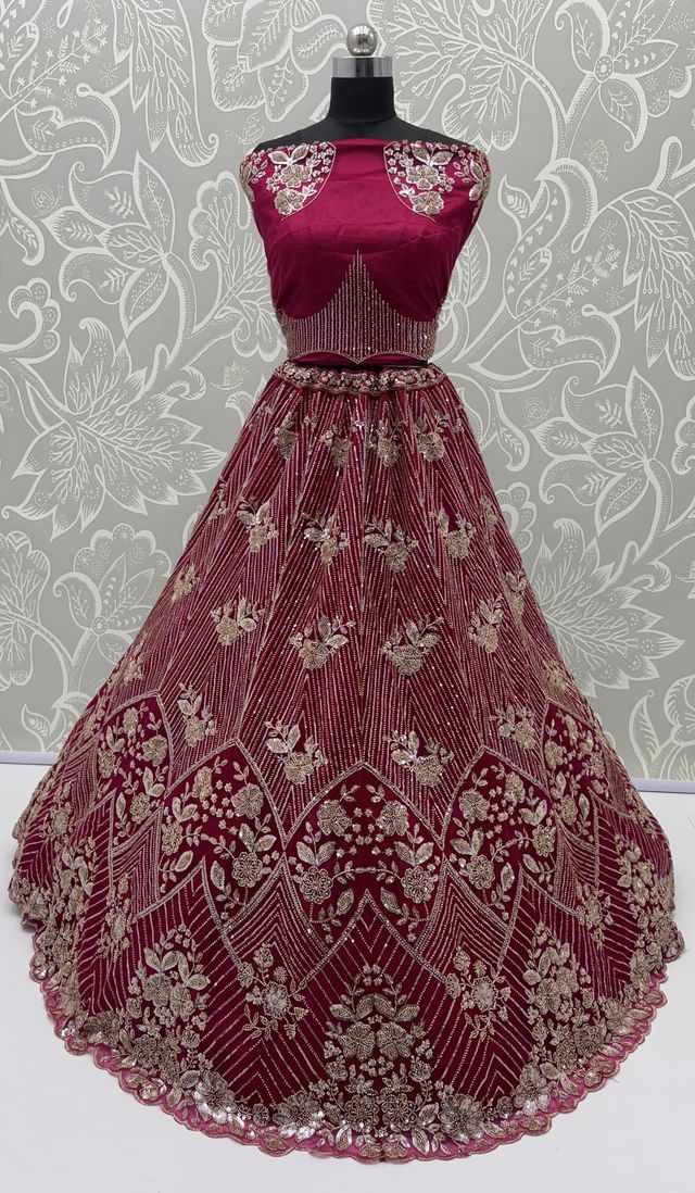 Rani Pure Heavy Net Motif Handwork Zari Sequins Work Bridal Lehenga Choli
