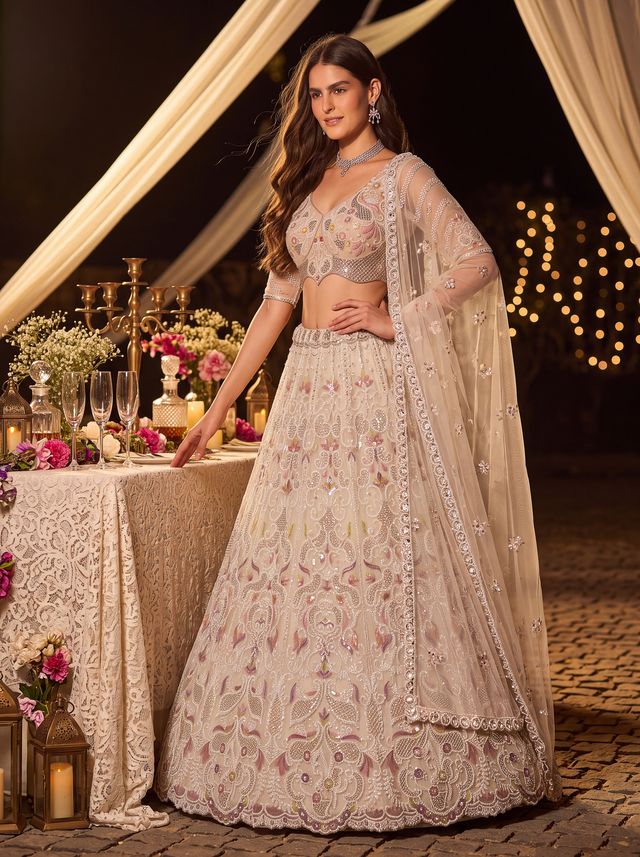 White Pure Heavy Net Motif Handwork Zari Sequins Work Bridal Lehenga Choli