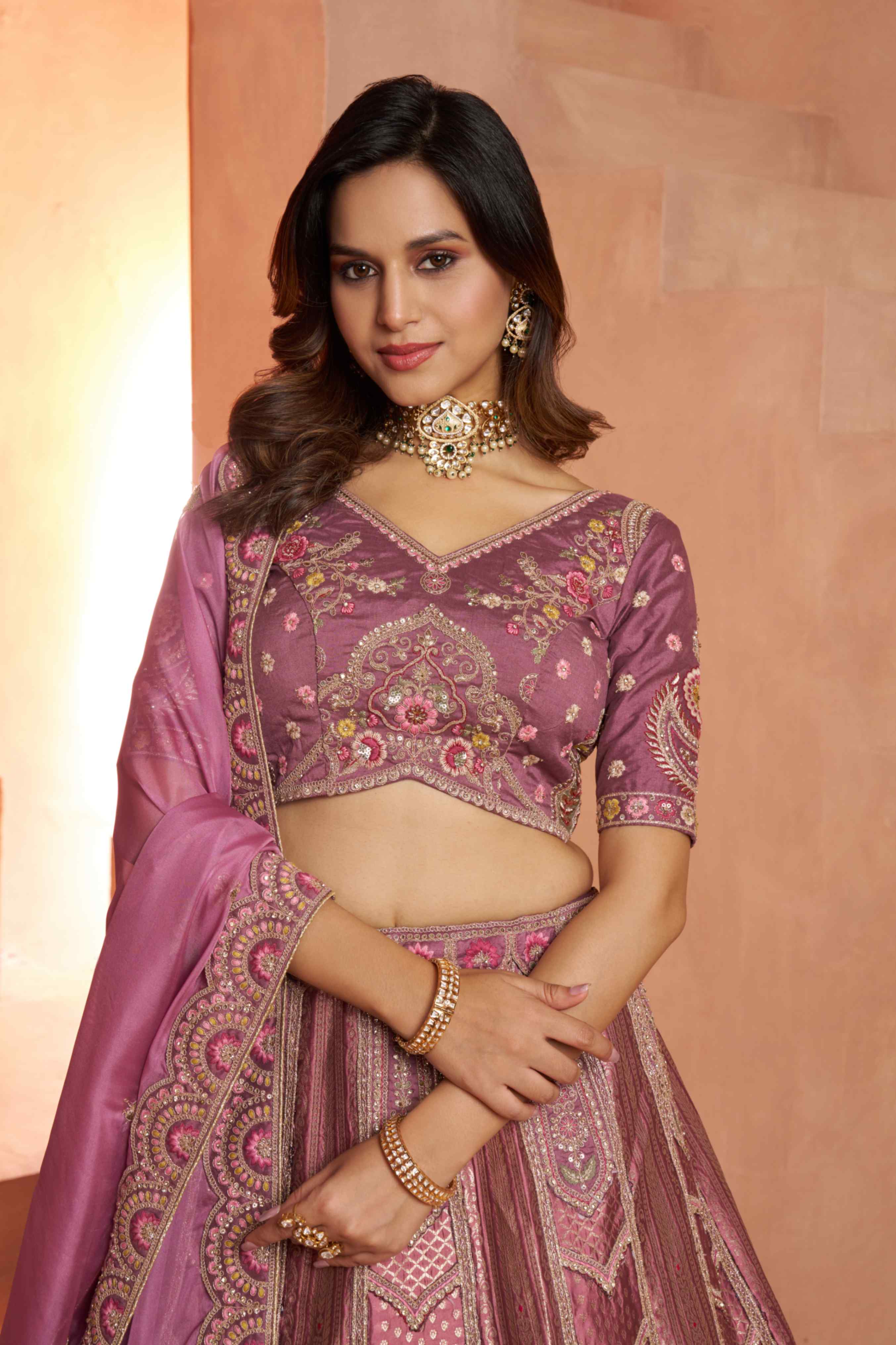 Mauve Banarasi Silk Lehenga Choli with Organza Dupatta