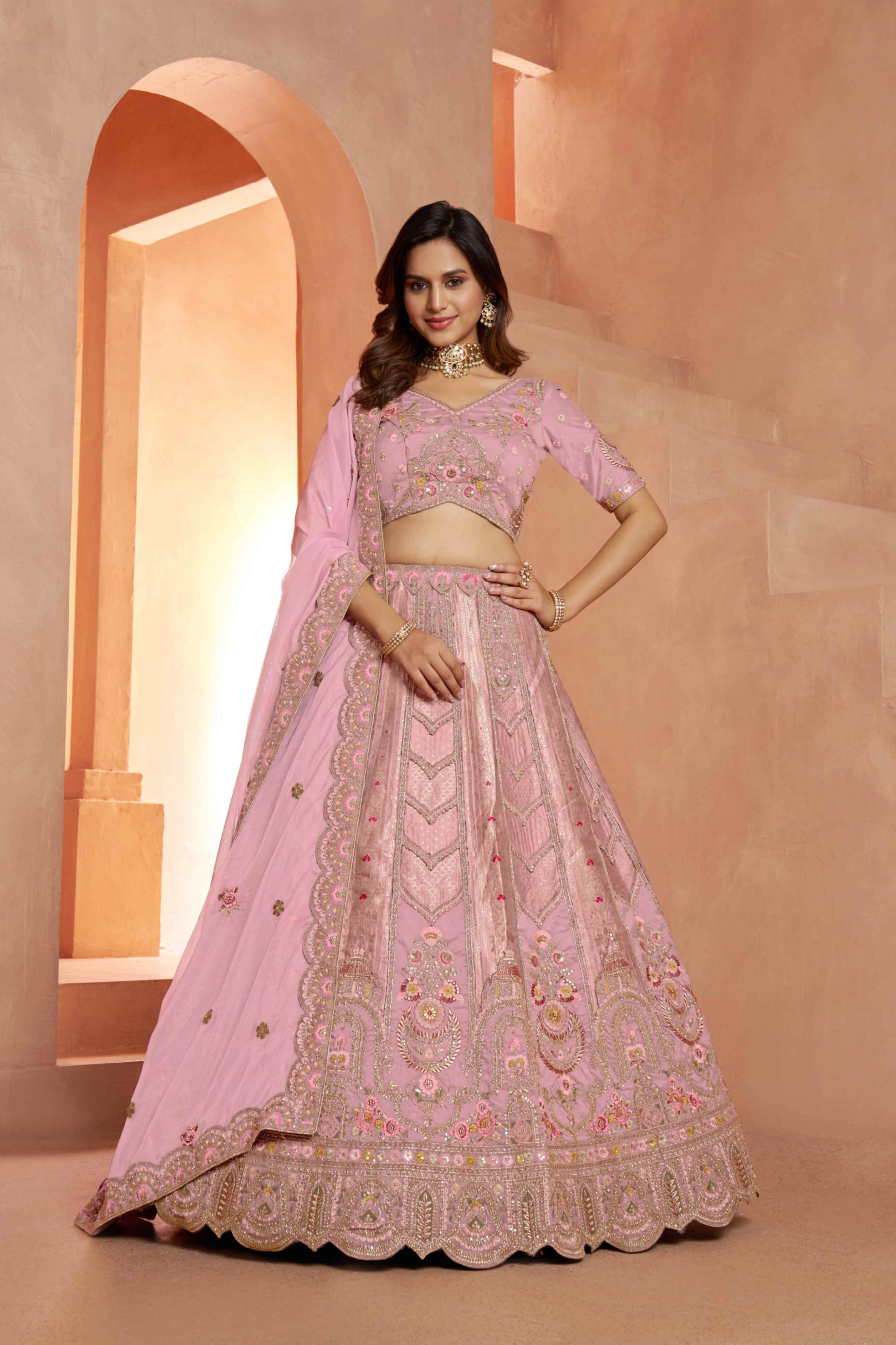 Baby Pink Banarasi Silk Lehenga Choli with Organza Dupatta