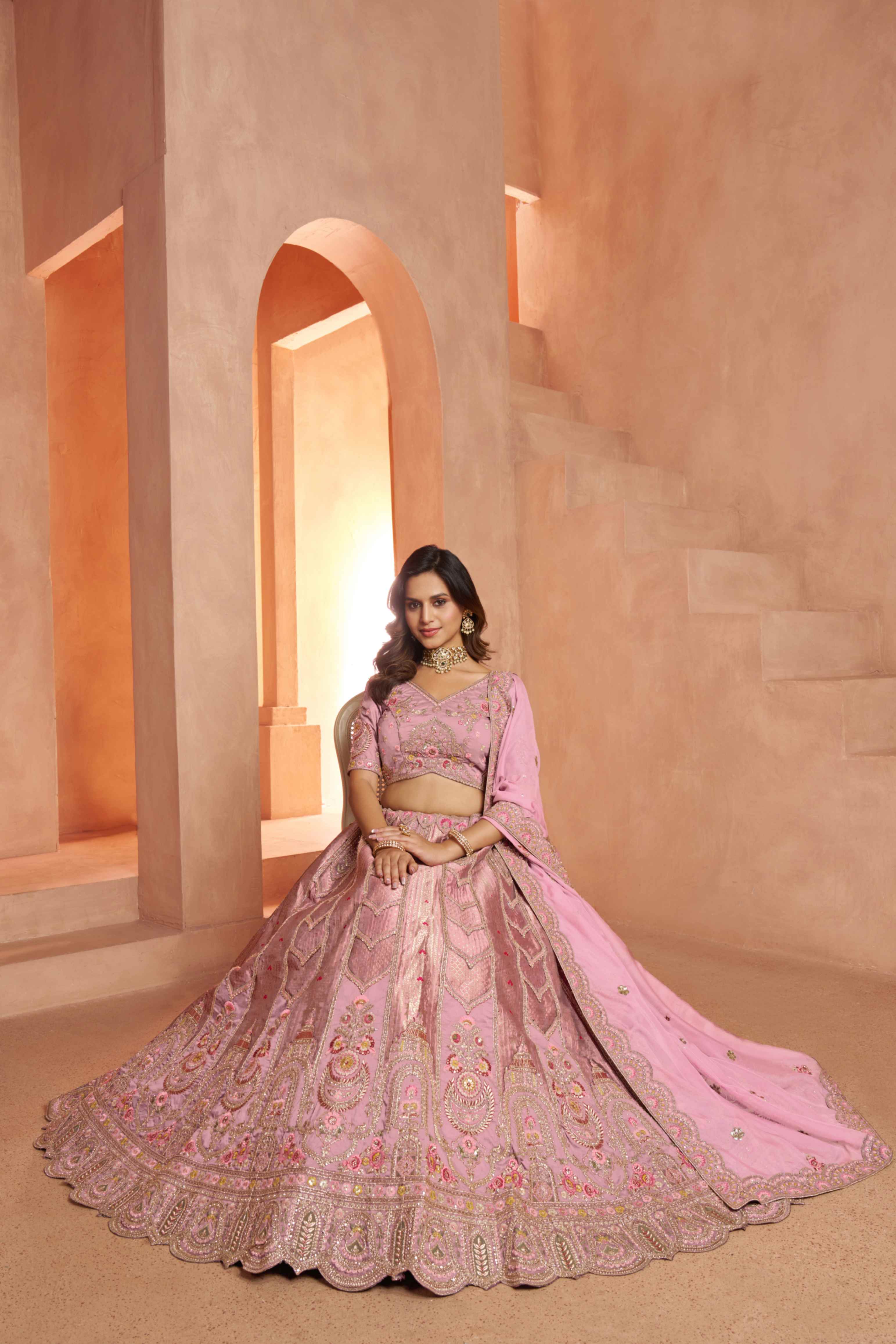Baby Pink Banarasi Silk Lehenga Choli with Organza Dupatta