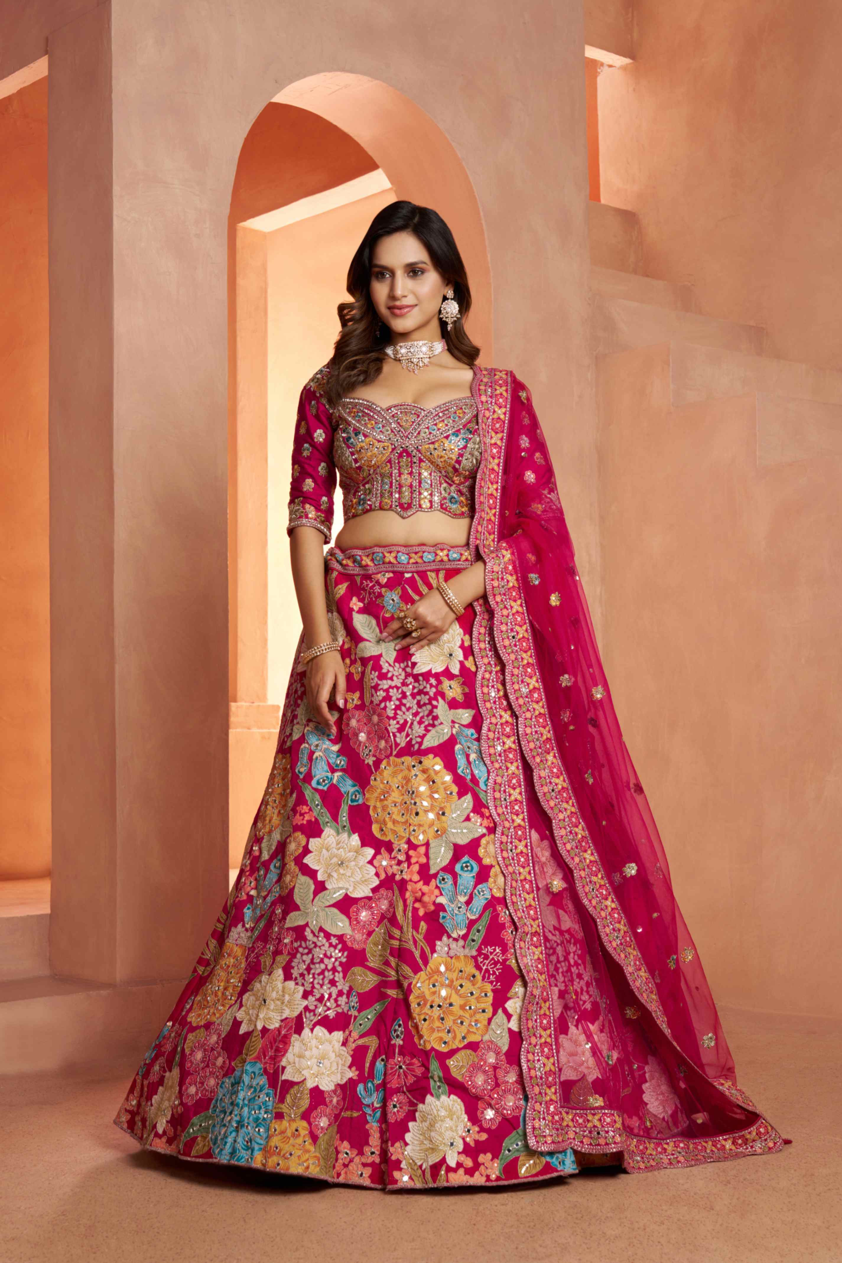 Rani Pink Dola Silk Floral Lehenga Choli with Net Dupatta