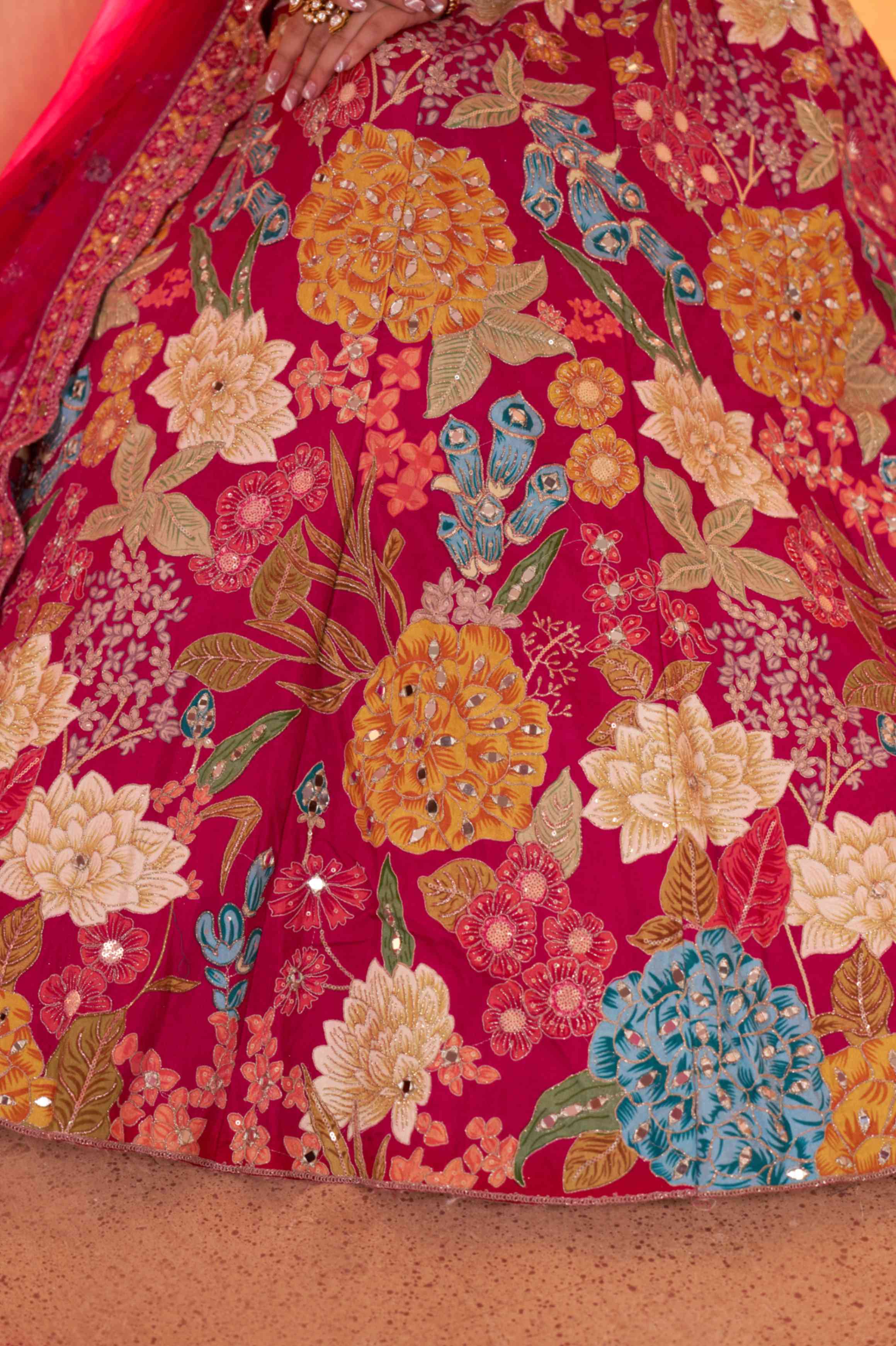 Rani Pink Dola Silk Floral Lehenga Choli with Net Dupatta