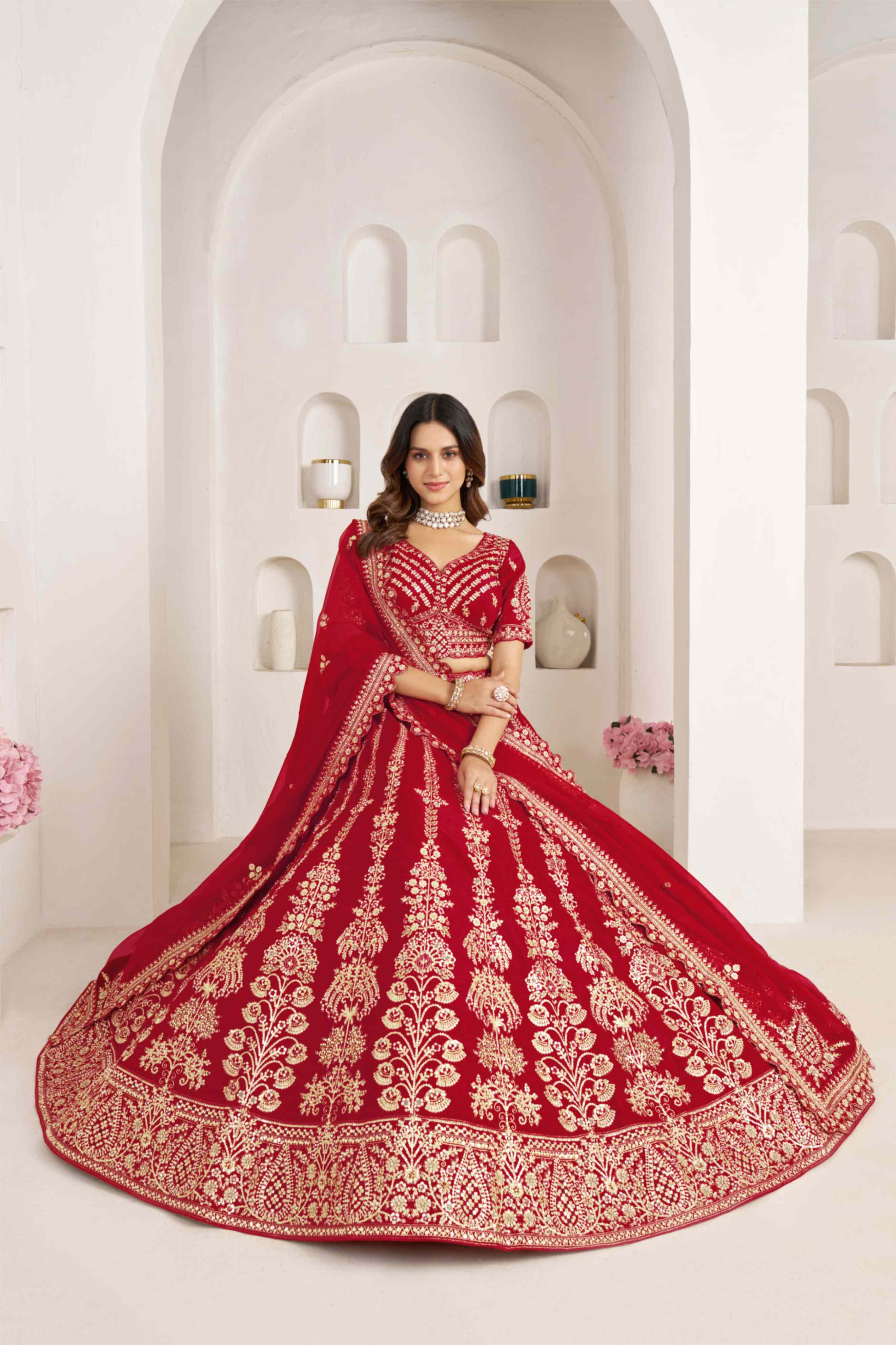 Red Silk Embroidered Lehenga Choli with Organza Dupatta