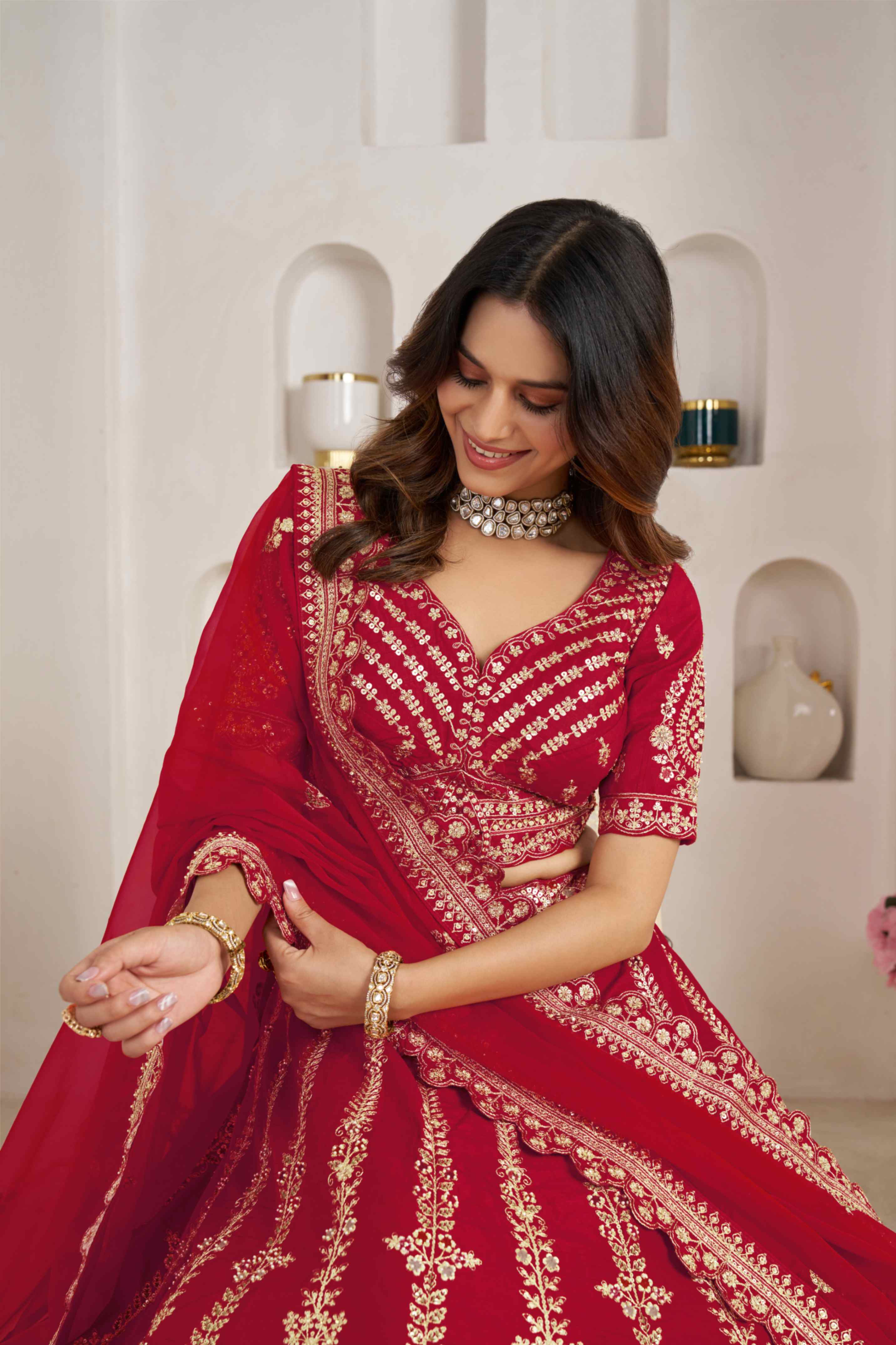 Red Silk Embroidered Lehenga Choli with Organza Dupatta