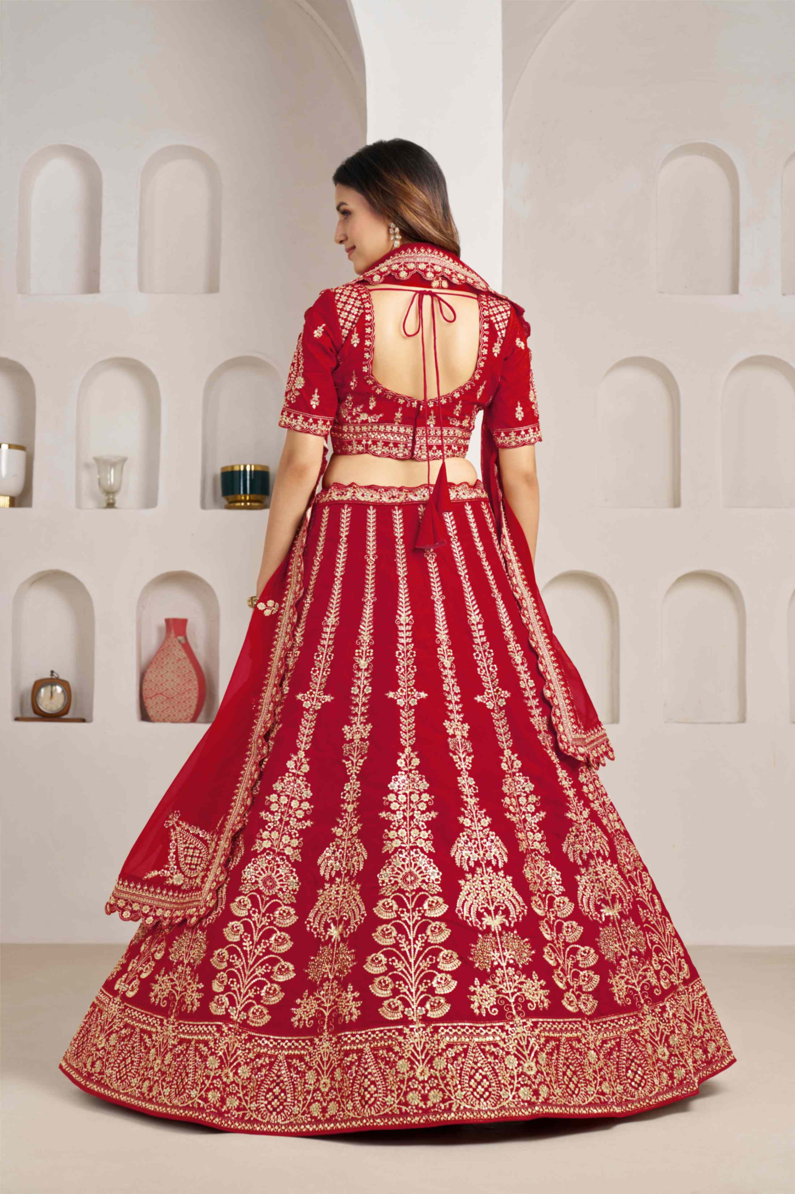 Red Silk Embroidered Lehenga Choli with Organza Dupatta