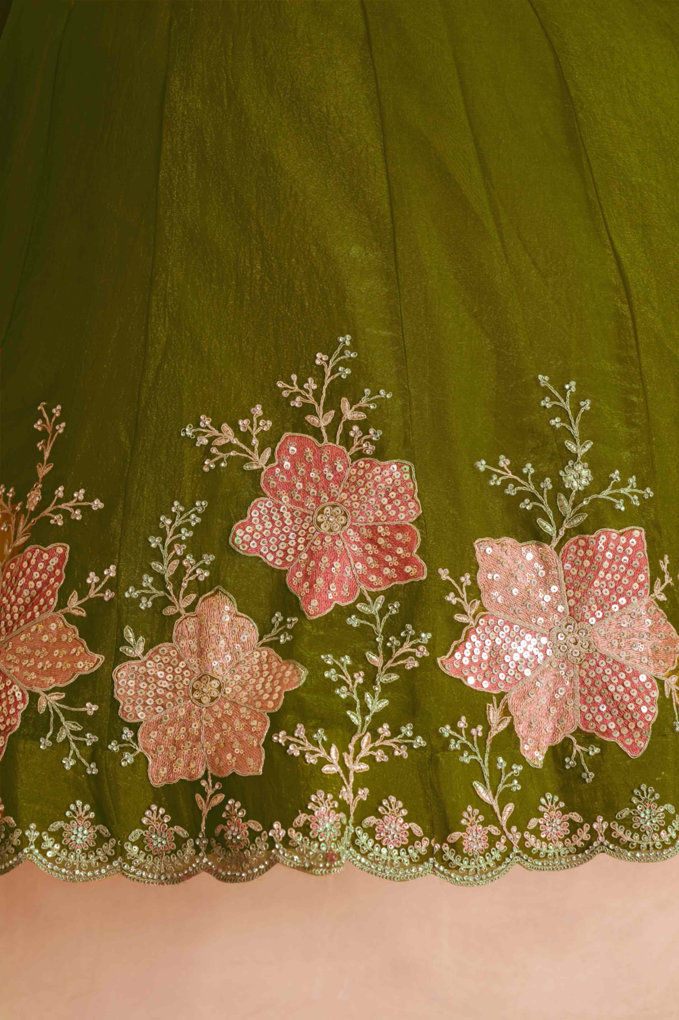 Olive Green Tissue Lehenga Choli with Floral Embroidery