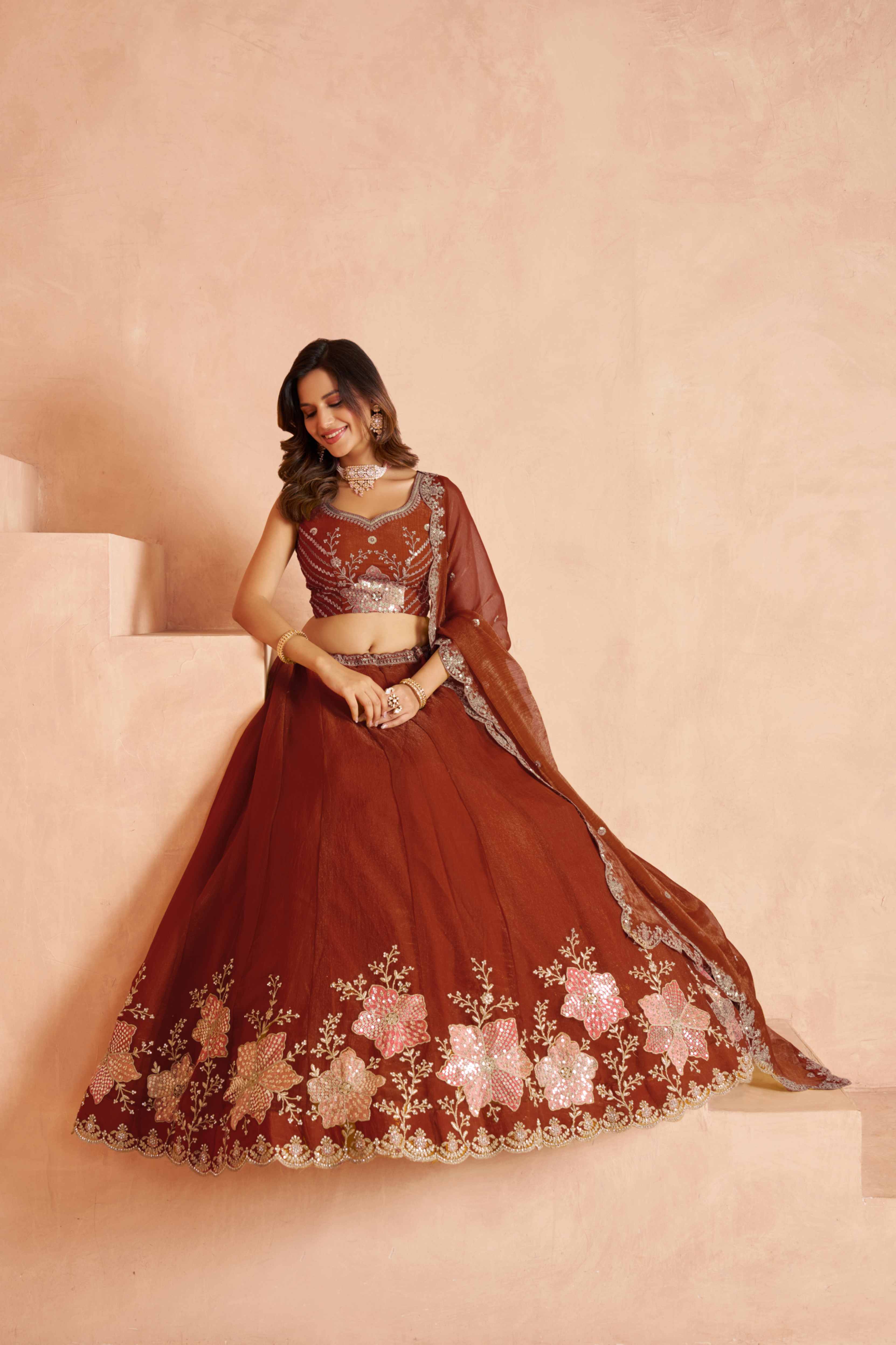 Rust Brown Tissue Lehenga Choli with Floral Embroidery
