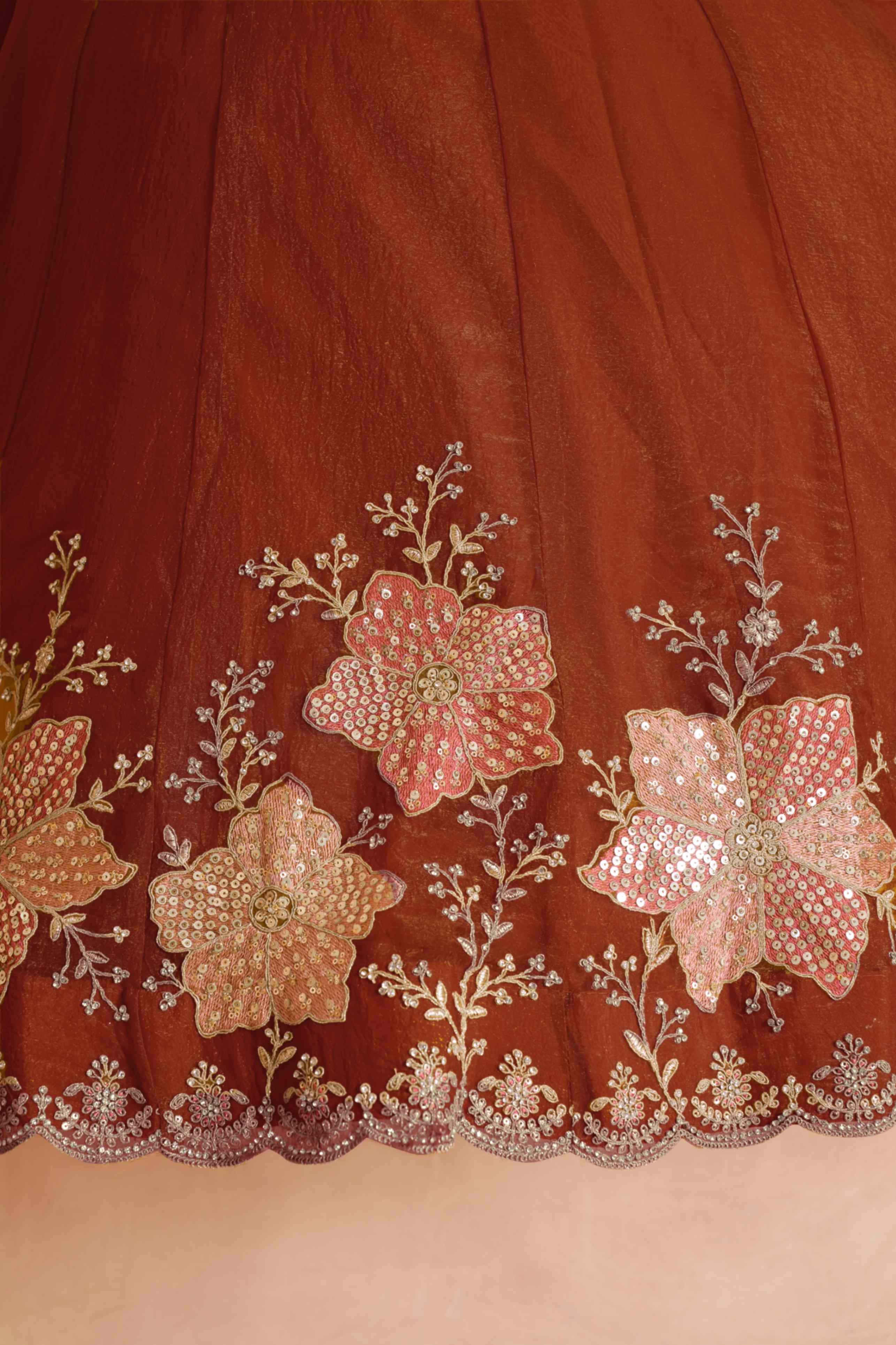Rust Brown Tissue Lehenga Choli with Floral Embroidery