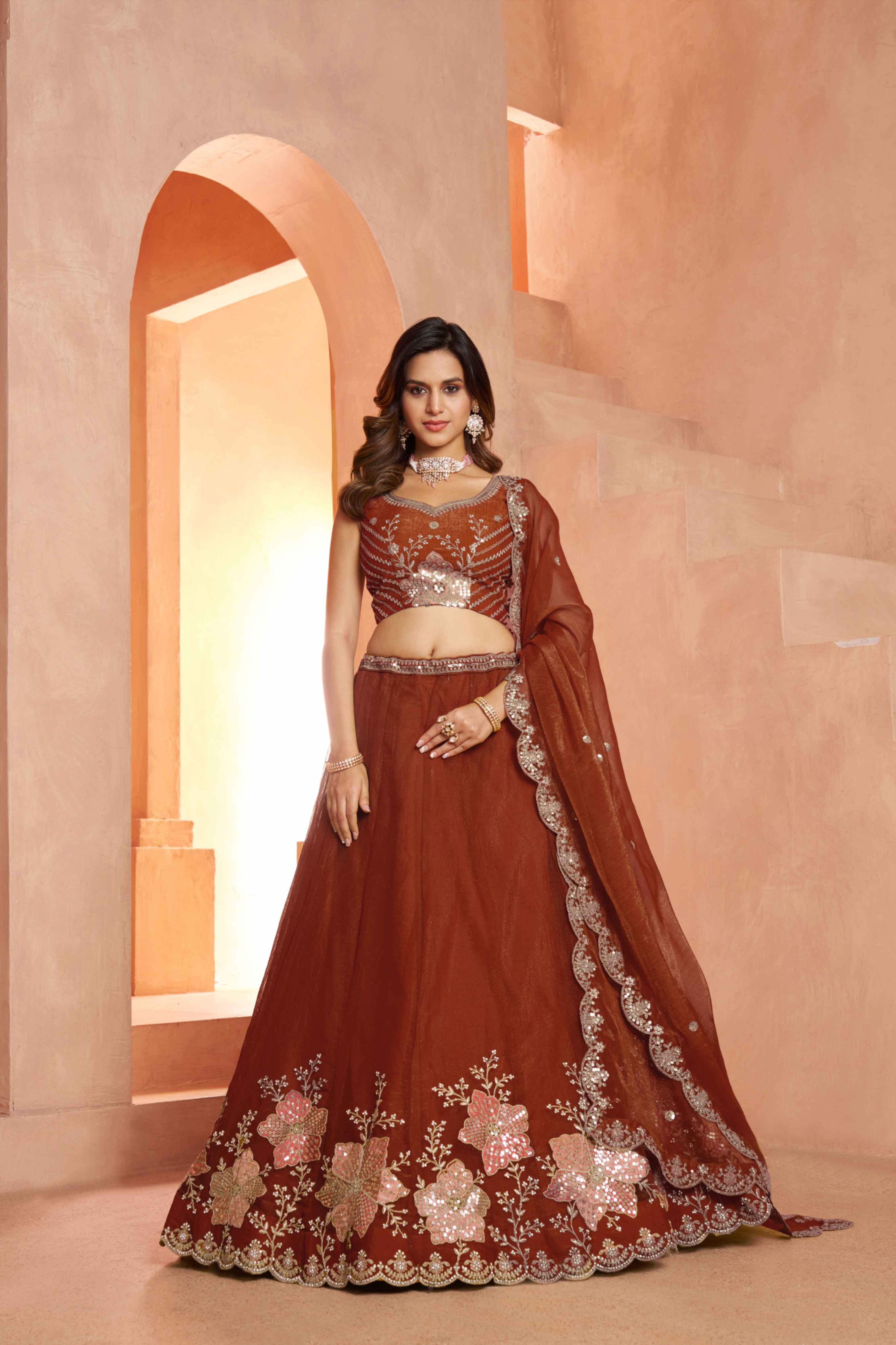 Rust Brown Tissue Lehenga Choli with Floral Embroidery