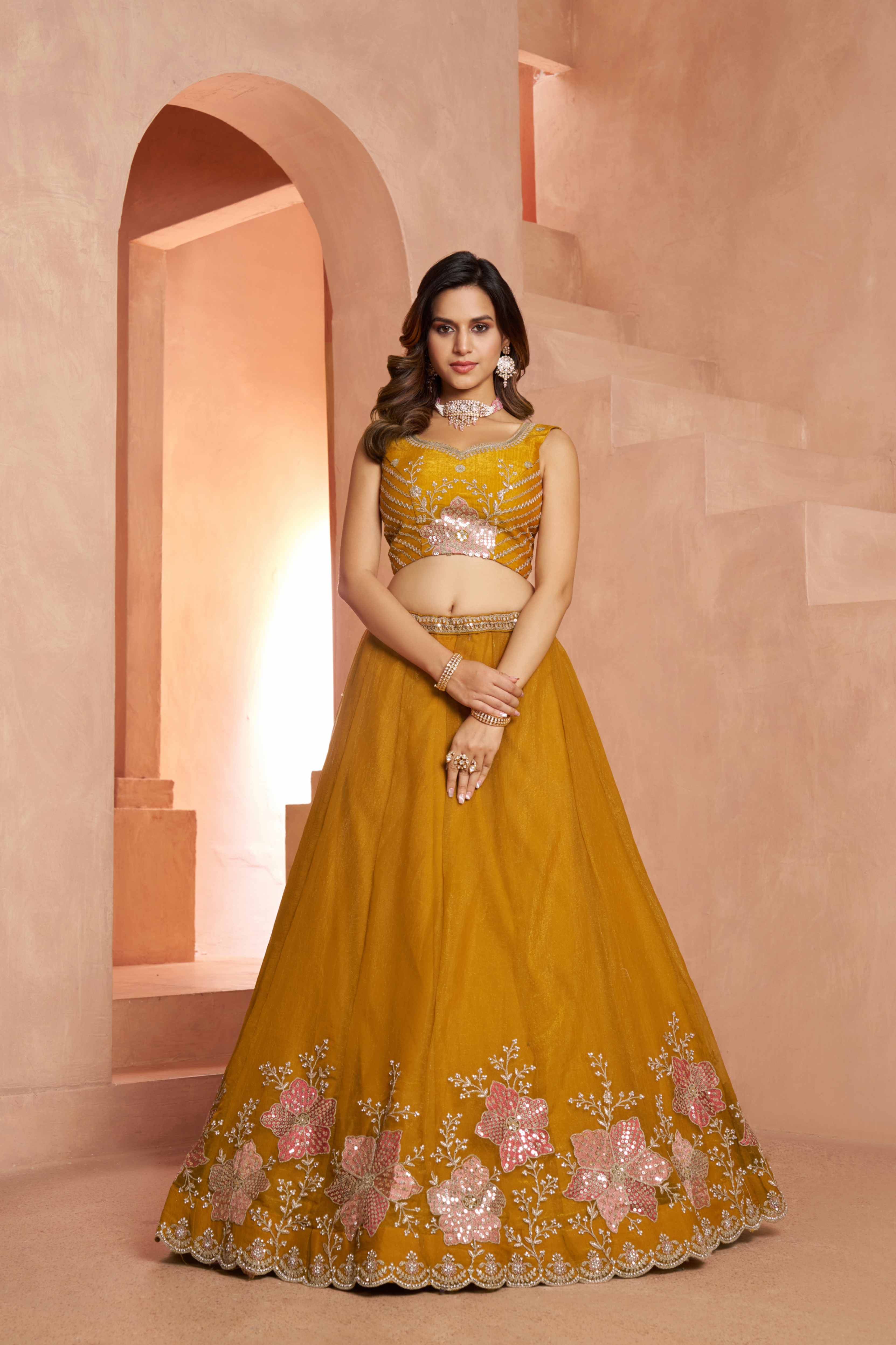 Yellow Tissue Lehenga Choli with Floral Embroidery