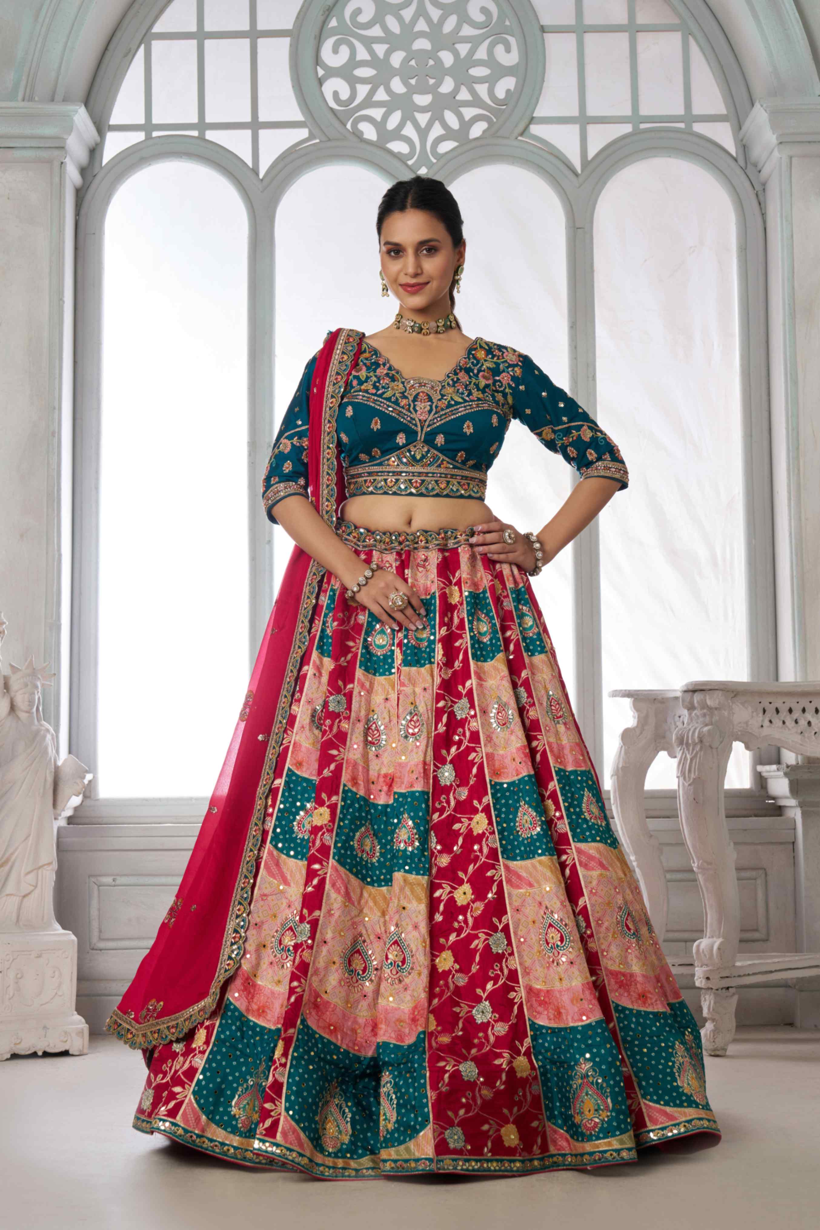 Teal Blue Red Chinon Silk Embroidered Lehenga Choli