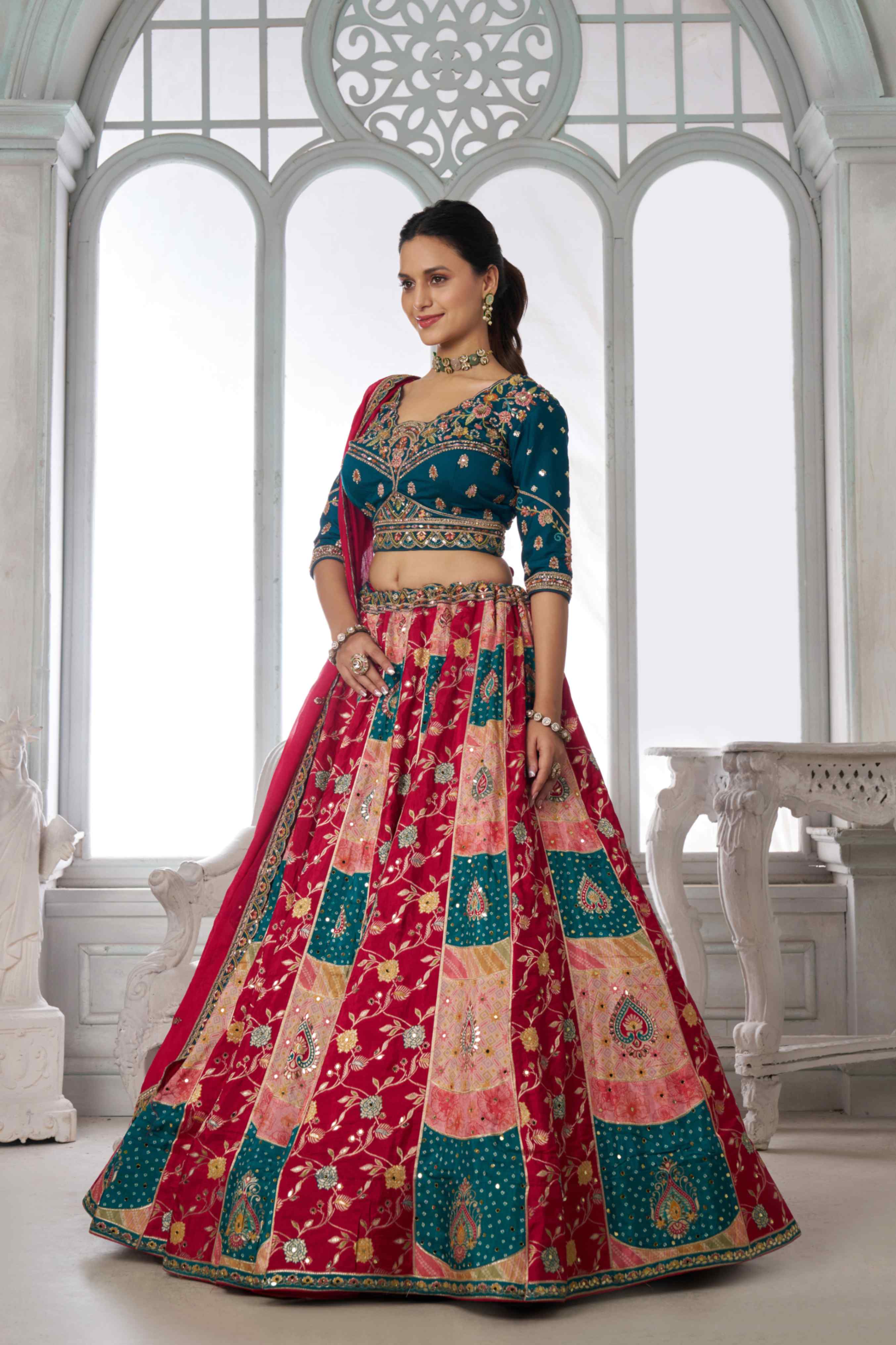Teal Blue Red Chinon Silk Embroidered Lehenga Choli