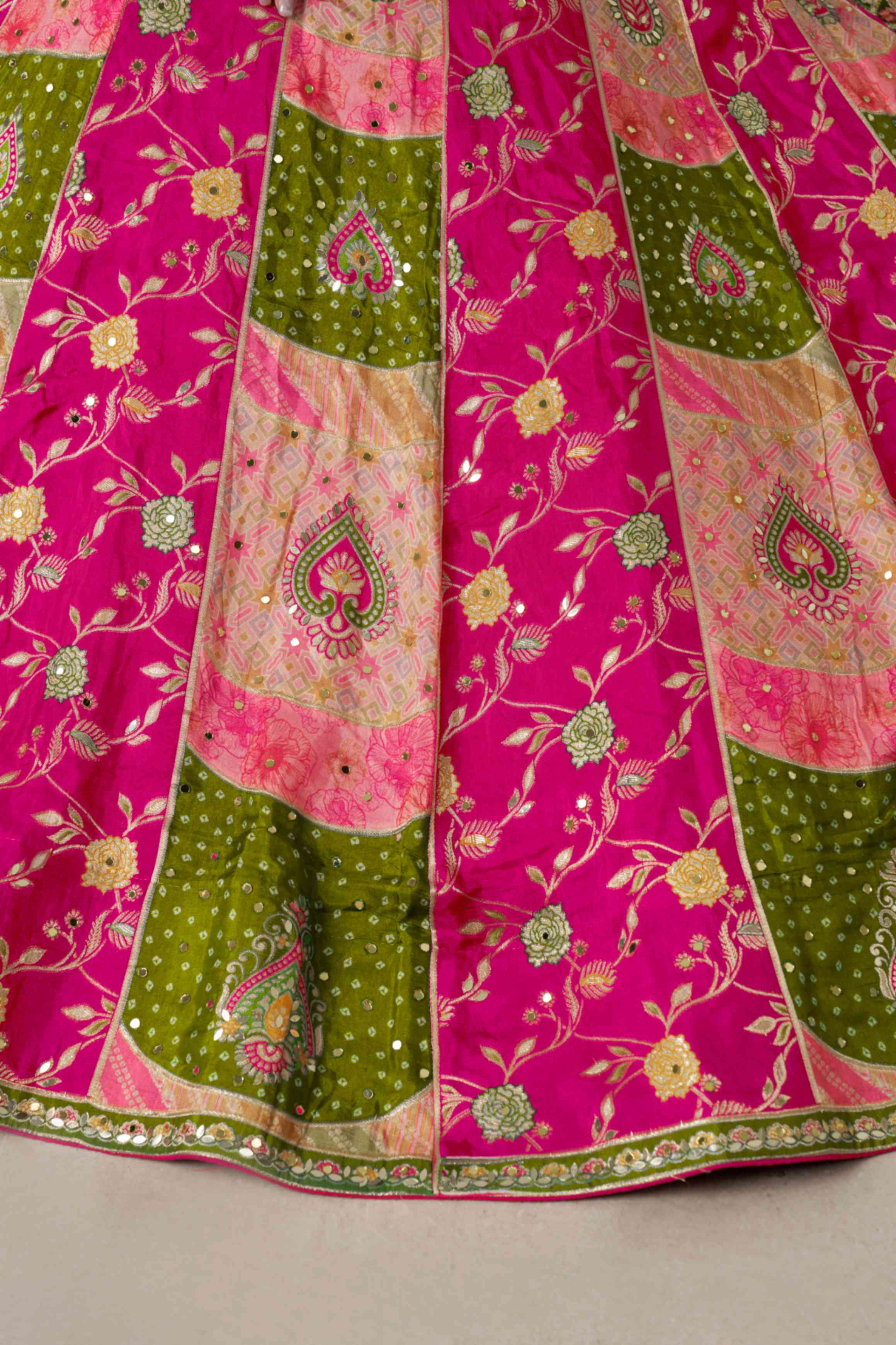 Green Pink Chinon Silk Embroidered Lehenga Choli