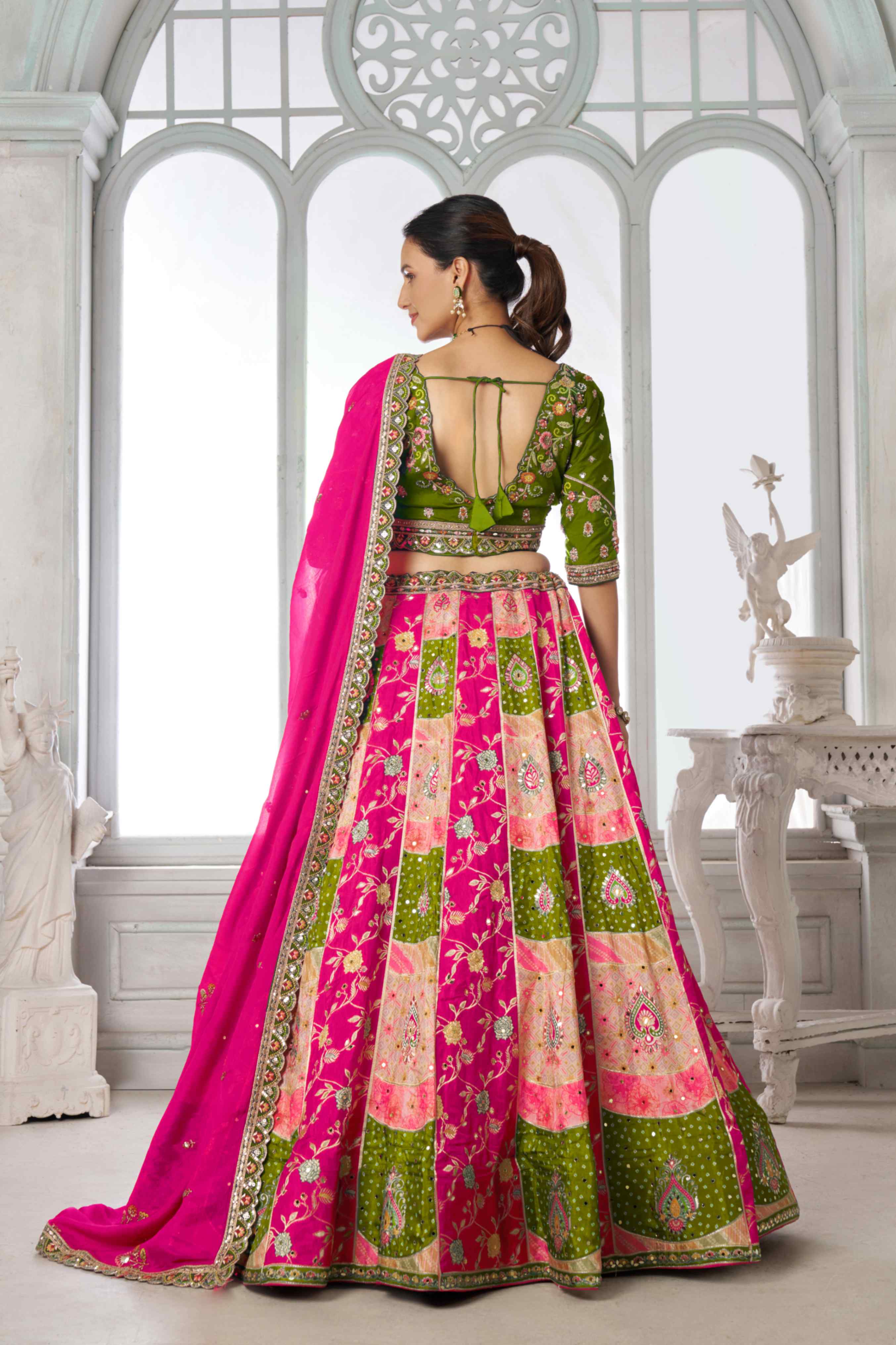 Green Pink Chinon Silk Embroidered Lehenga Choli