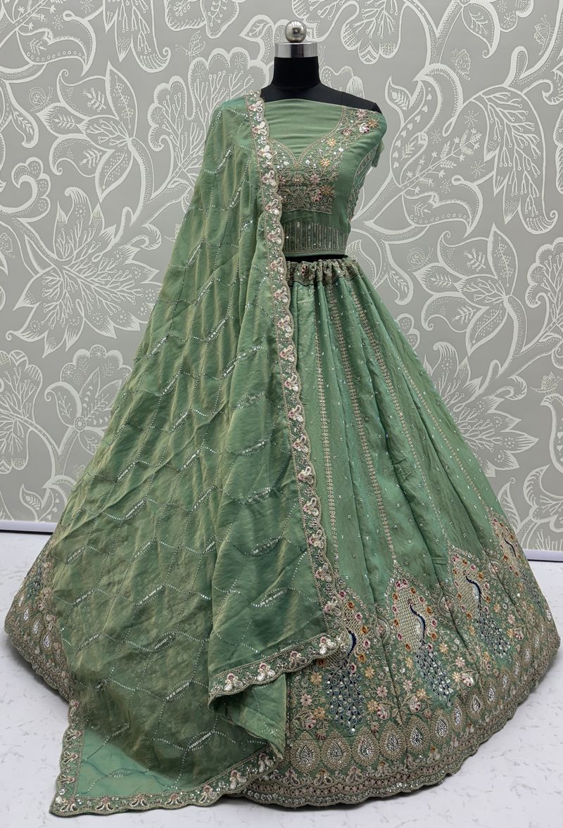 Pista Pure Soft Gadhwal Silk Heavy Embroidery Work Bridal Lehenga