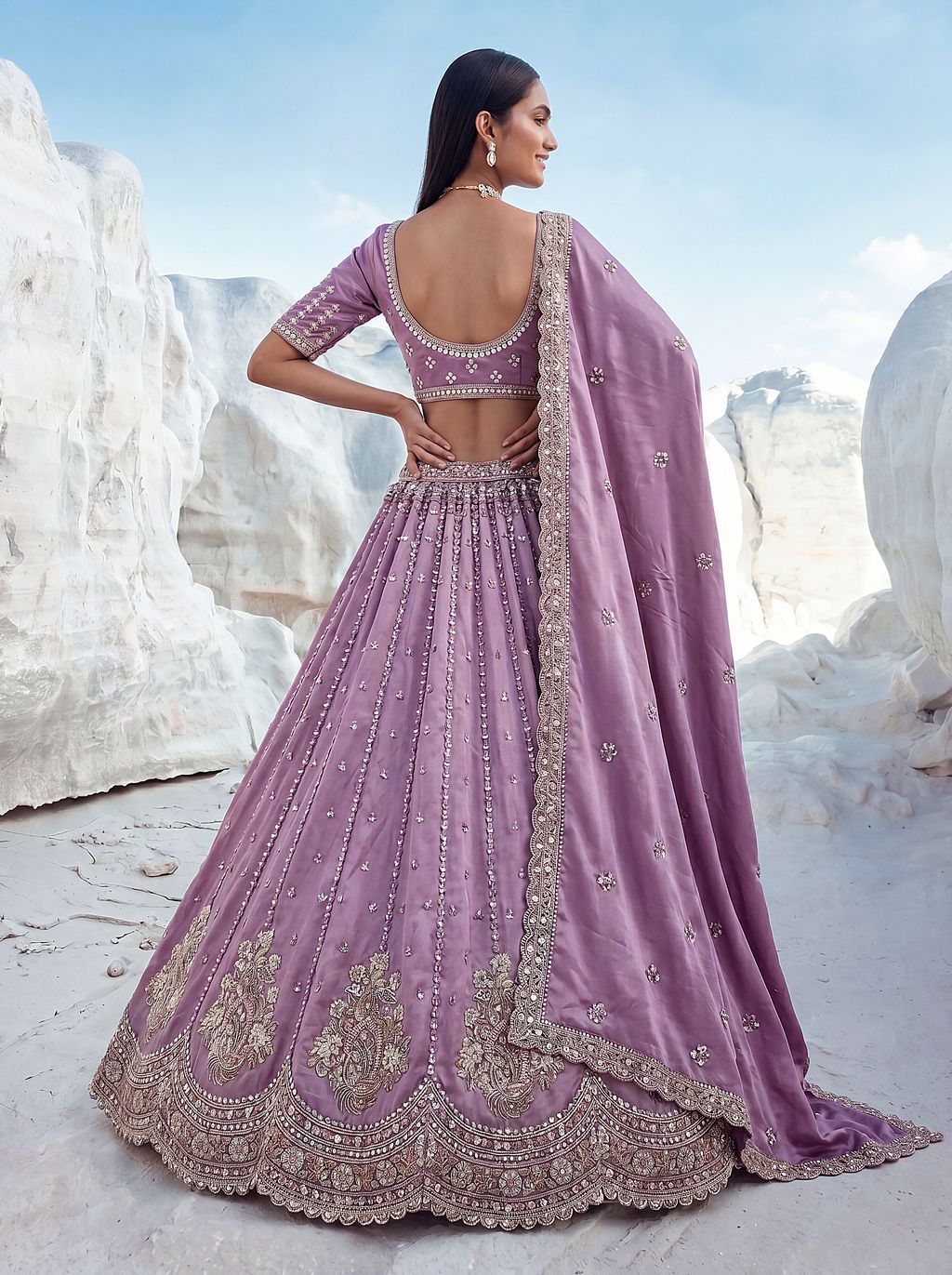 Lilac Pure Soft Silk Heavy Sequins Embellishment Work Bridal Lehenga Choli