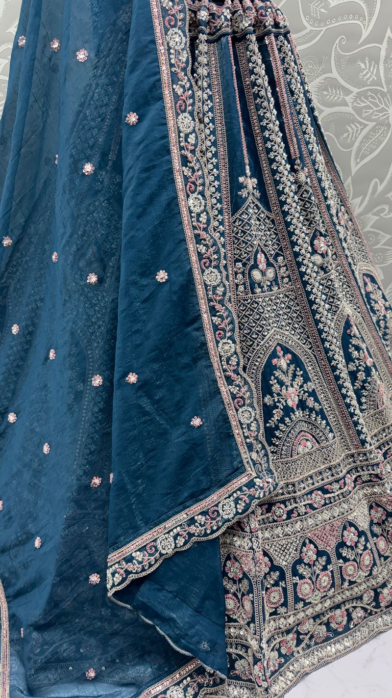 Midnight Blue Pure Soft Satin Silk Heavy Embroidery Work Bridal Lehenga