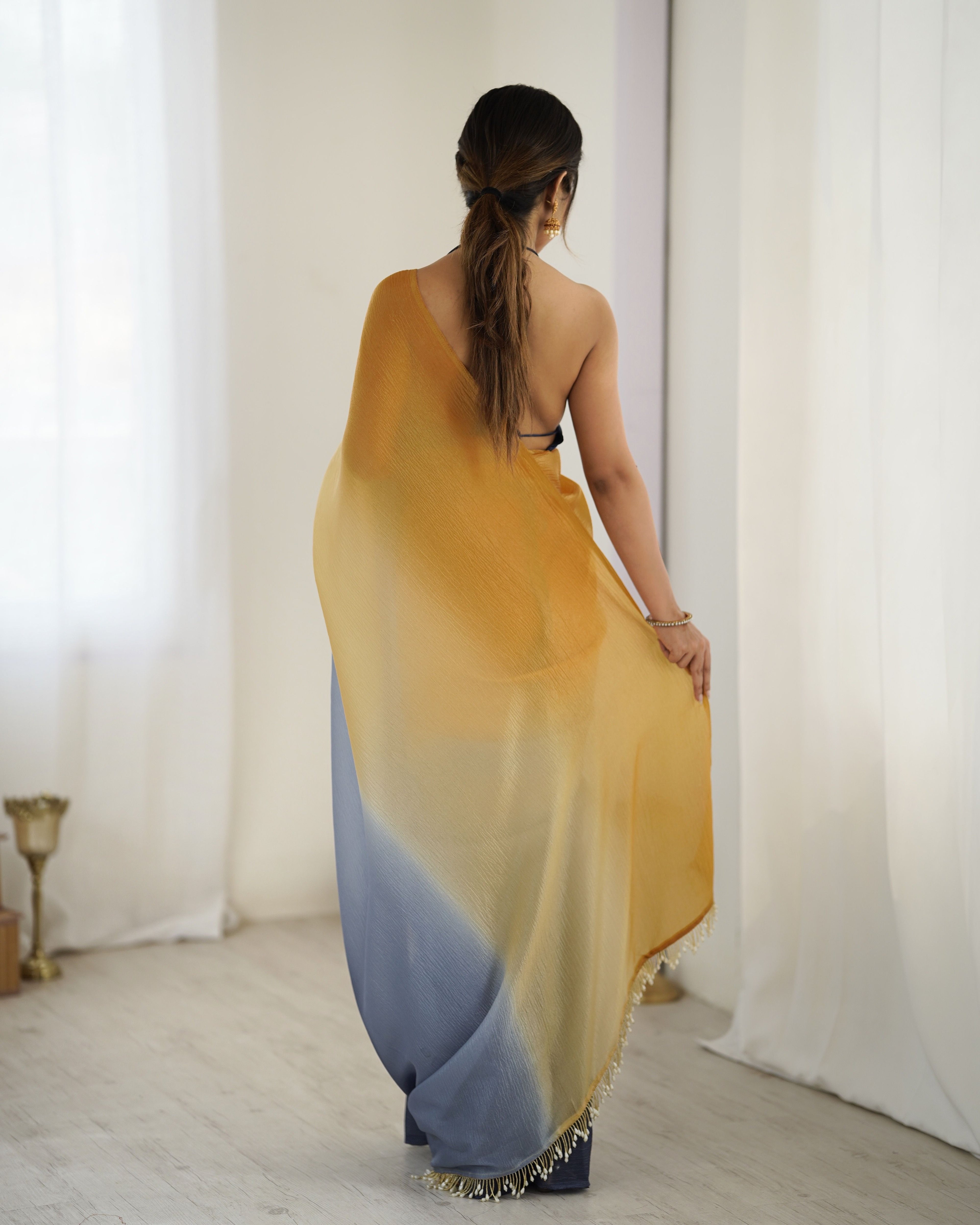Yellow shaded Pure Soft Candy Crush Silk Ready to Wear Saree