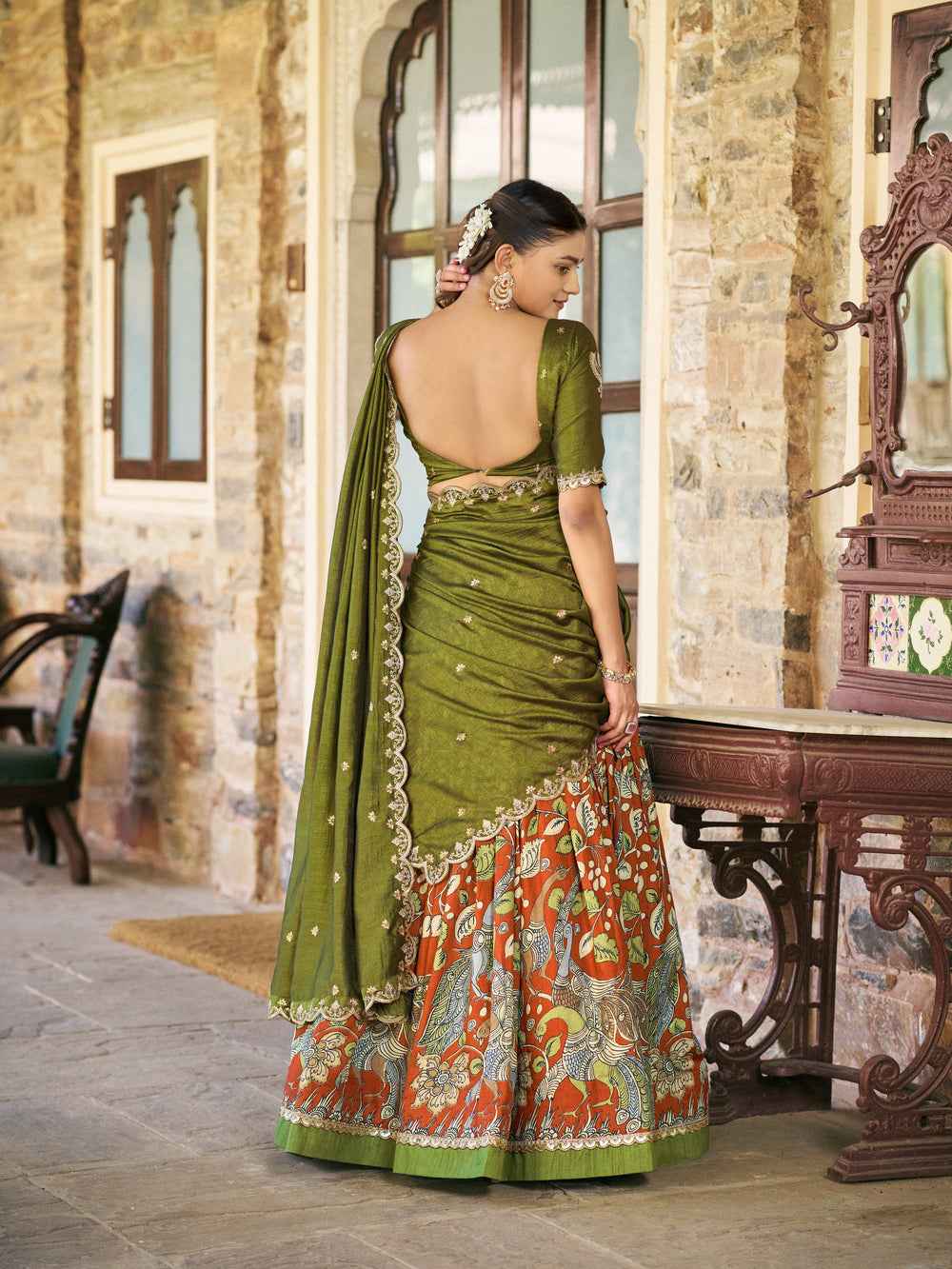 Rust Pure Soft Tussar Silk Kalamkari Print Lehenga Choli