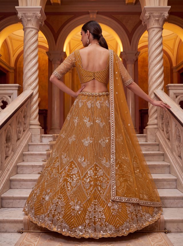 Yellow Pure Heavy Net Motif Handwork Zari Sequins Work Bridal Lehenga Choli
