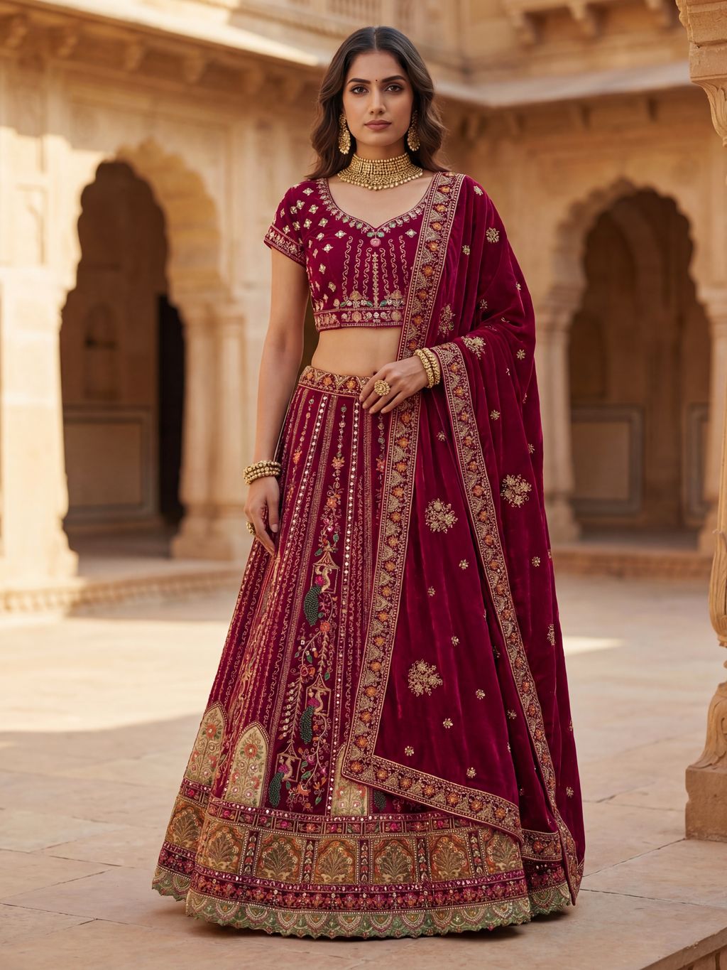 Pink Pure Soft Velvet Heavy Embroidery Patch Work Bridal Lehenga