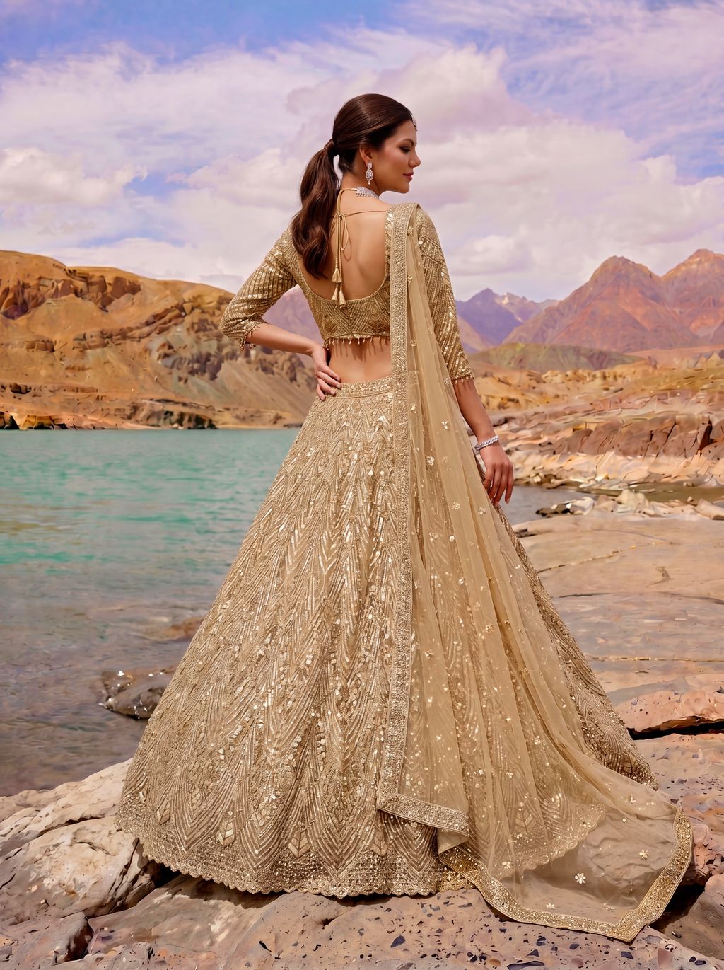 Golden Pure Soft Heavy Net Fancy Embroidery Work Bridal Lehenga Choli