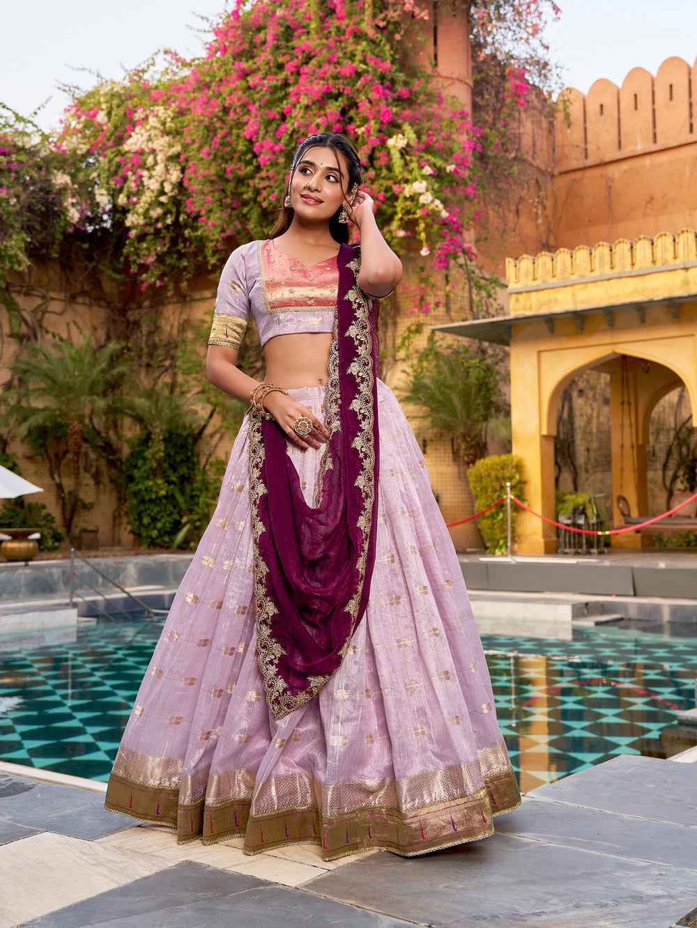 Pink Pure Soft Slub Kota Zari Weaving Paithani Work Paithani Lehenga Choli