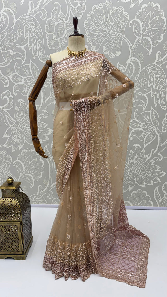 Cream Gold Pure Premium Net Handwork Kasti & Motif Zari Metallic Sequins Work Wedding Saree