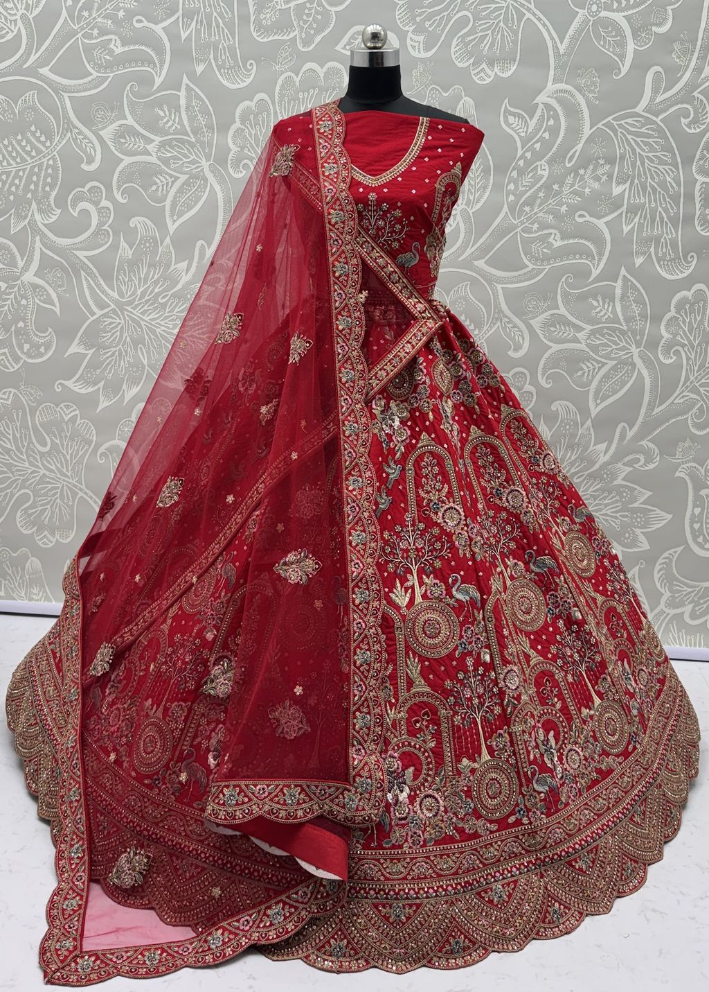 Red Pure Soft Silk Heavy Embroidery Work Bridal Lehenga