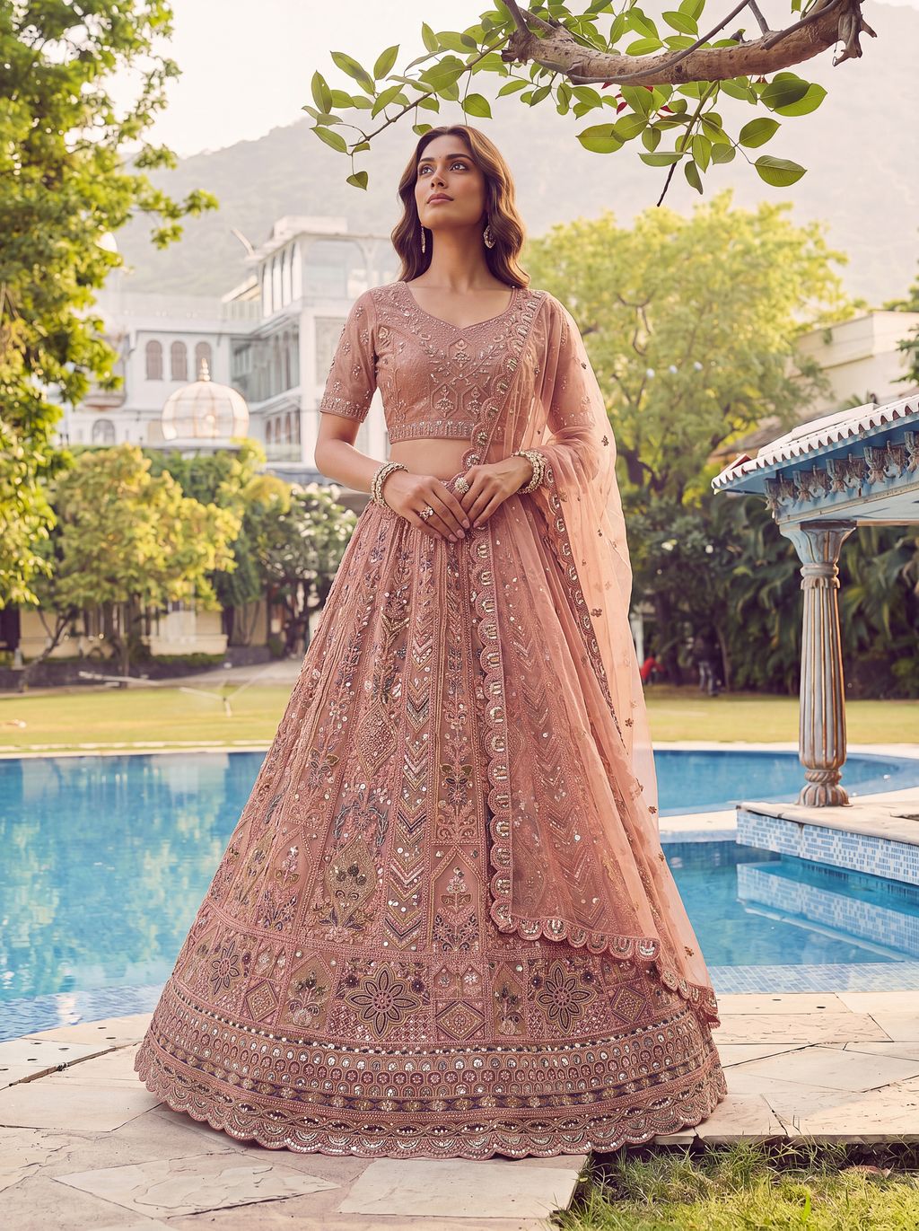 Peach Pure Soft Heavy Net Fancy Embroidery Work Bridal Lehenga Choli