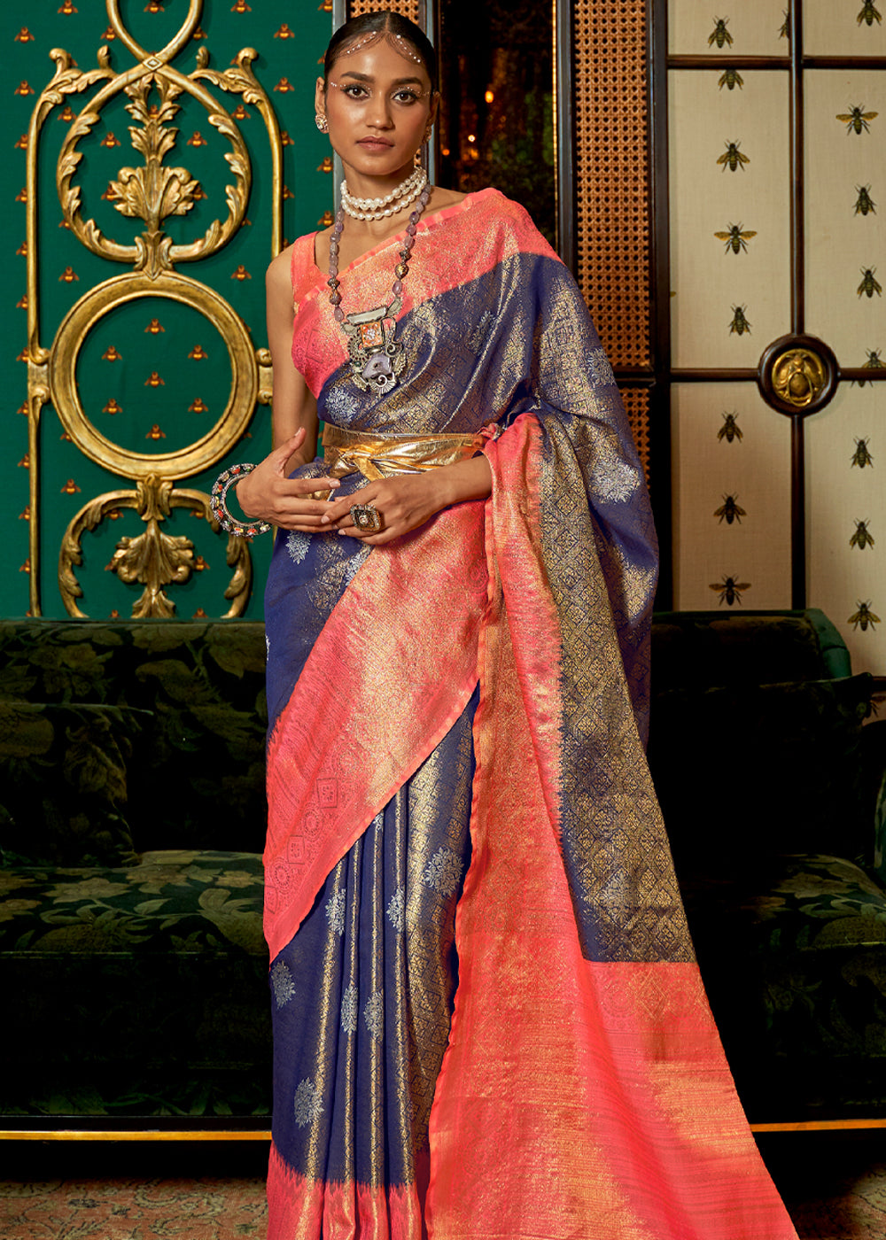 Mulled Blue Soft Silk Zari Base Handloom Soft Silk Saree Banarasi Saree Anant Tex Exports Pvt.Ltd..