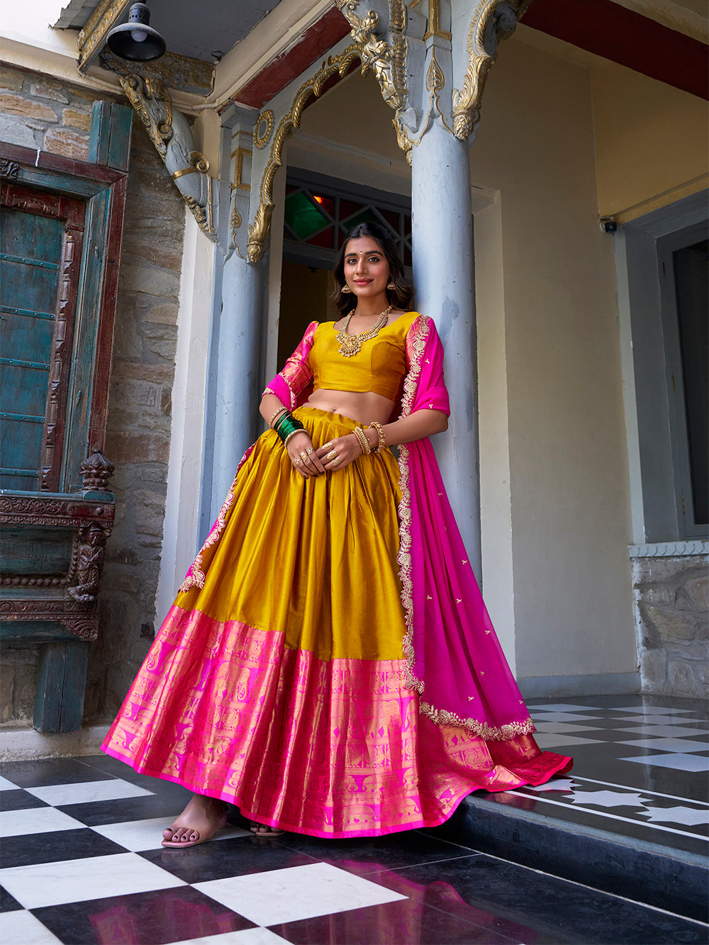 Mustard Pure Narayan Pattu with Zari Weaving & Embroidery Paithani Lehenga Choli