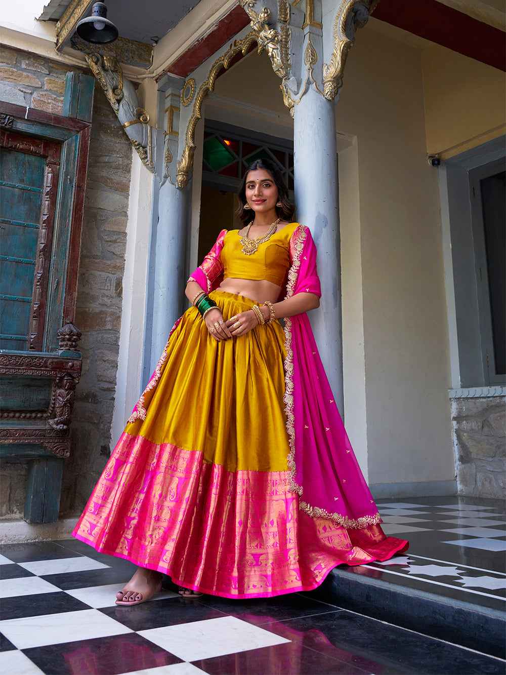 Mustard Pure Narayan Pattu with Zari Weaving & Embroidery Paithani Lehenga Choli
