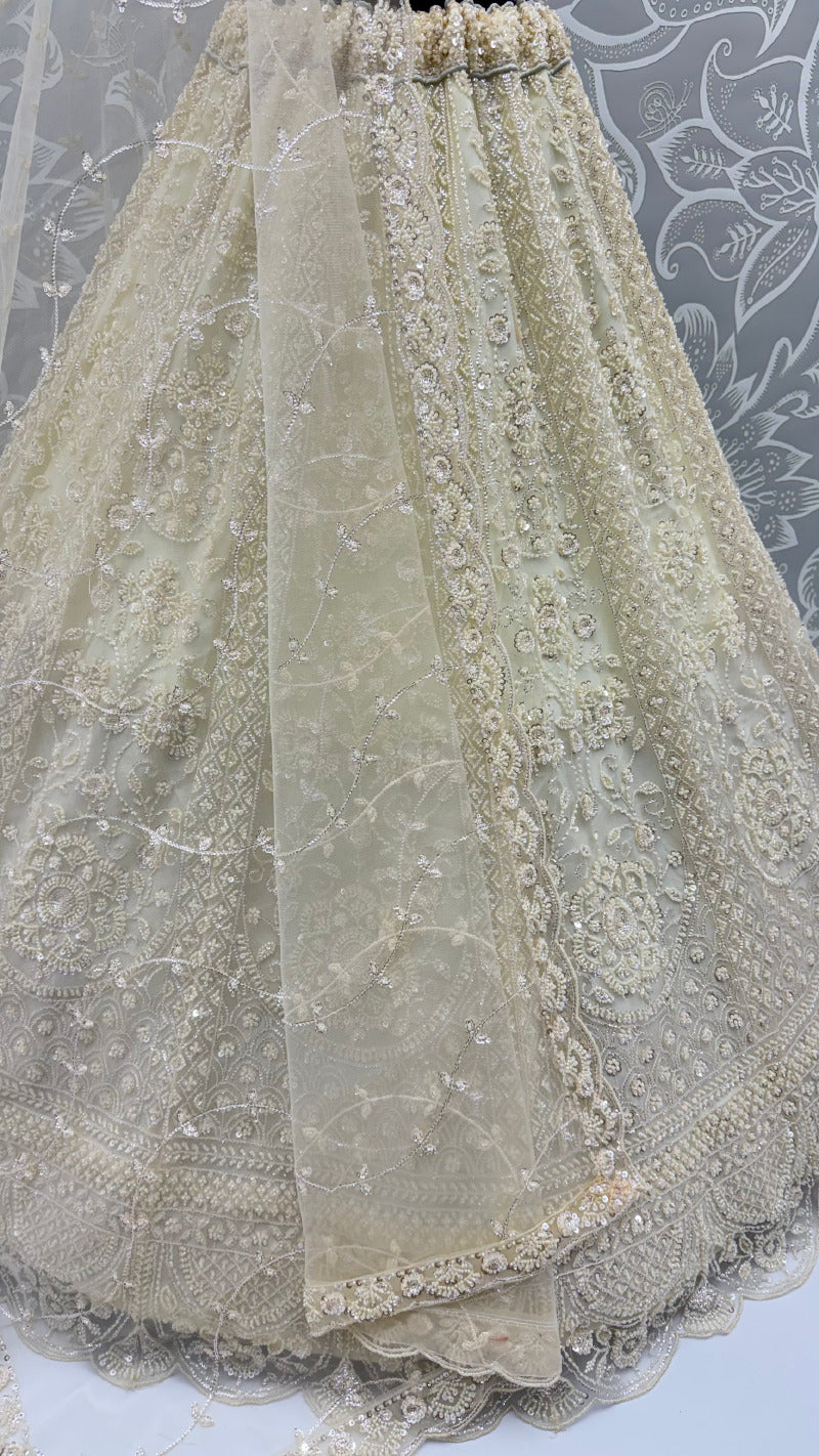 Cream Pure Heavy Net Motif Handwork Zari Sequins Work Bridal Lehenga Choli