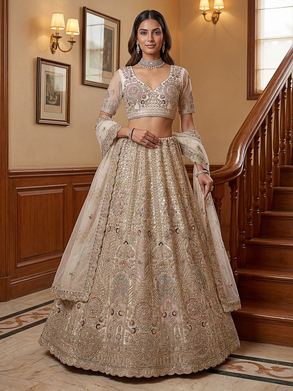 White Pure Soft Heavy Net Sequins Embroidery Work Bridal Lehenga