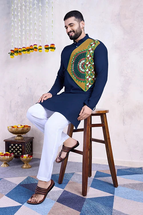 Navy Blue Navratri Special Designer Embroiered Kurta for Men&