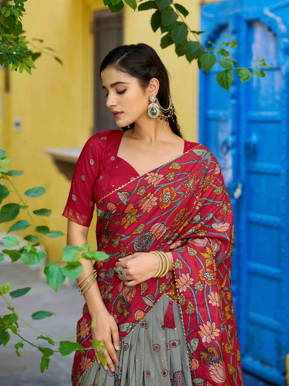 Sea Green Pure Tasar Silk Kalamkari Print With Foil Work Lehenga Choli