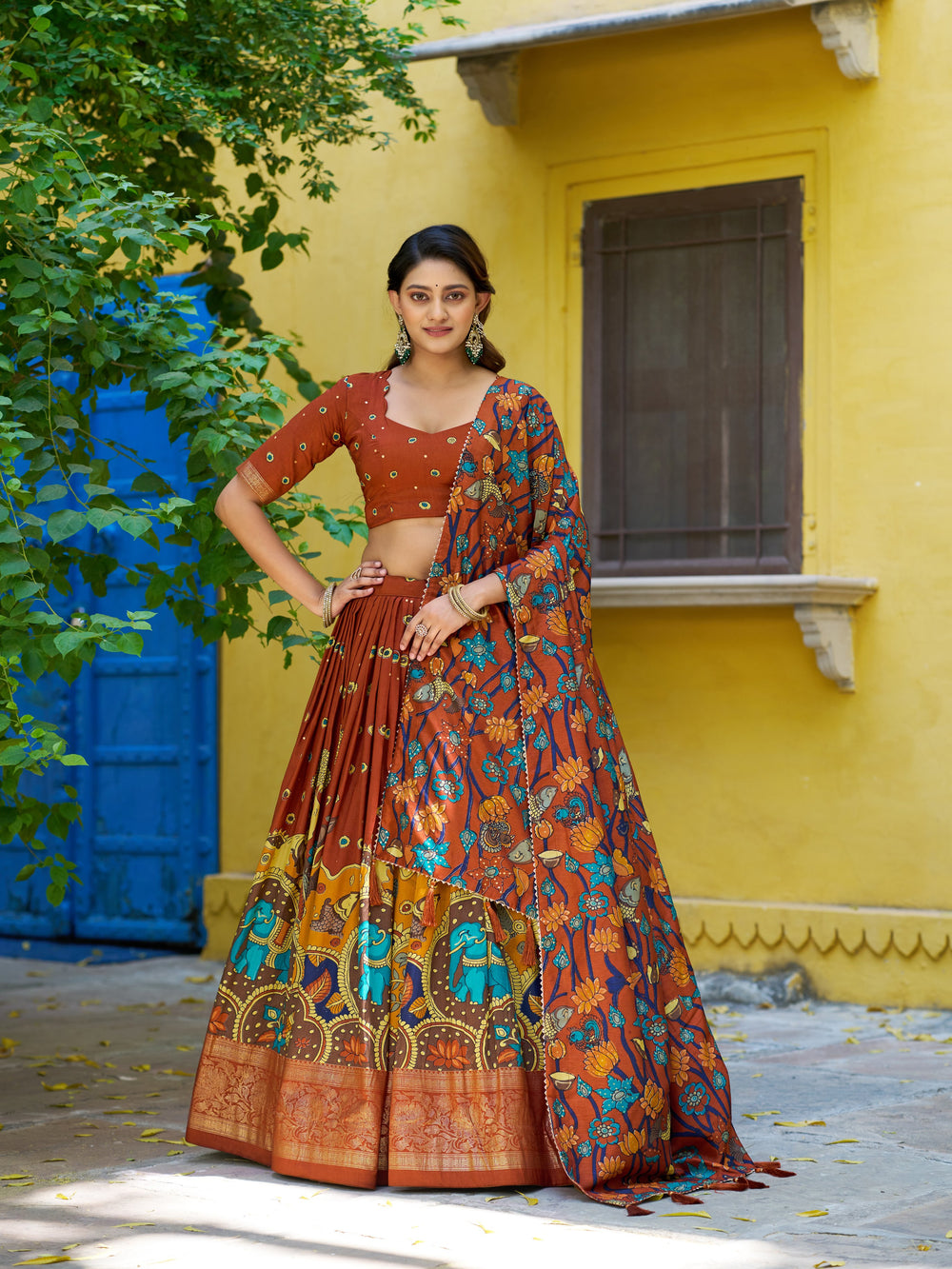 Rust Pure Tasar Silk Kalamkari Print With Foil Work Lehenga Choli