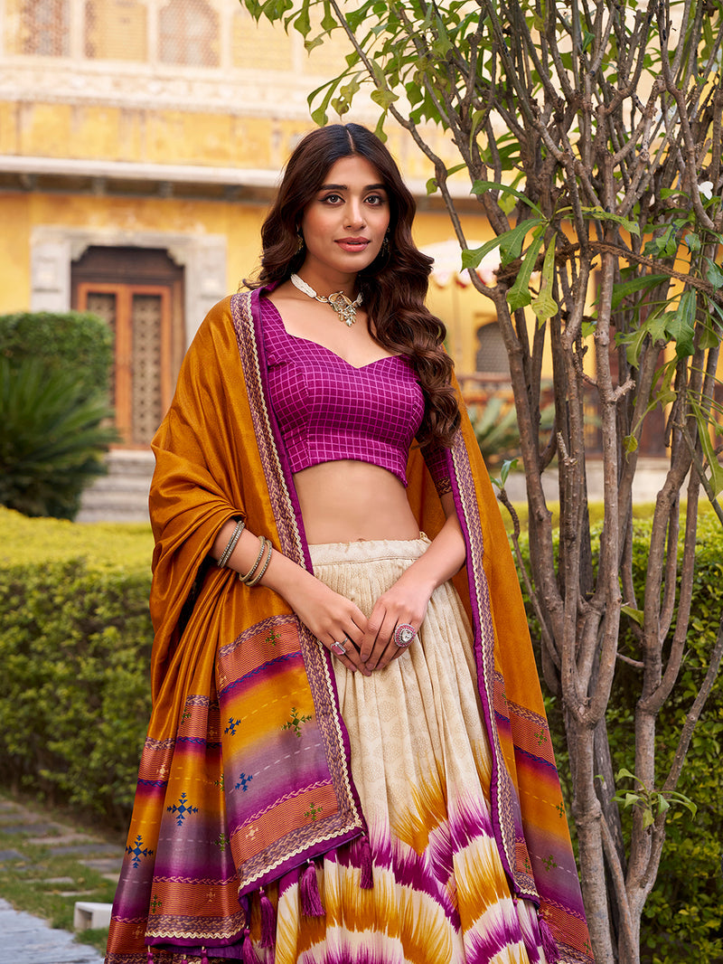 Wine Color Tie And Dye Printed Tasar Silk Lehenga Choli
