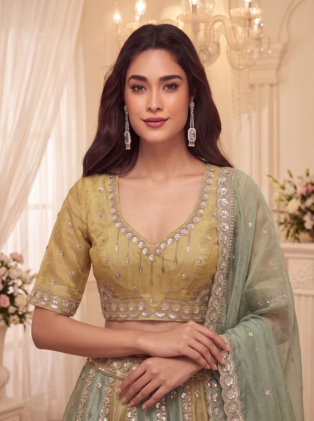 Multi Pure Soft Satin Silk Heavy Beads Motif Zari Embroidery Sequins Work Bridal Lehenga Choli