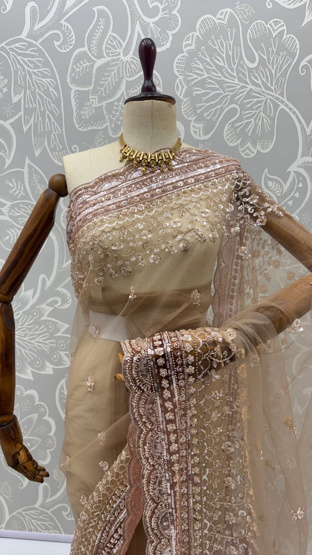 Cream Gold Pure Premium Net Handwork Kasti & Motif Zari Metallic Sequins Work Wedding Saree