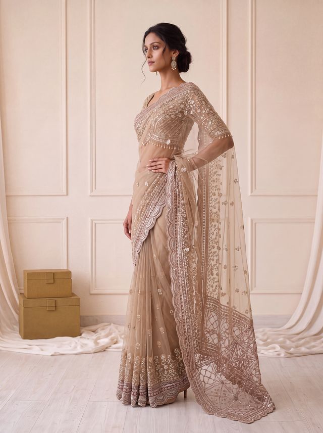 Cream Gold Pure Premium Net Handwork Kasti & Motif Zari Metallic Sequins Work Wedding Saree