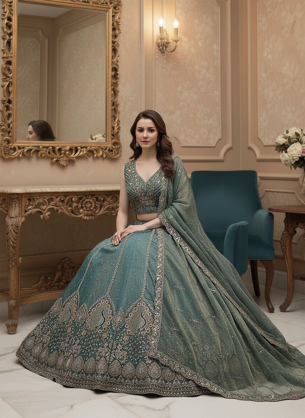 Grey Pure Soft Gadhwal Silk Heavy Embroidery Work Bridal Lehenga