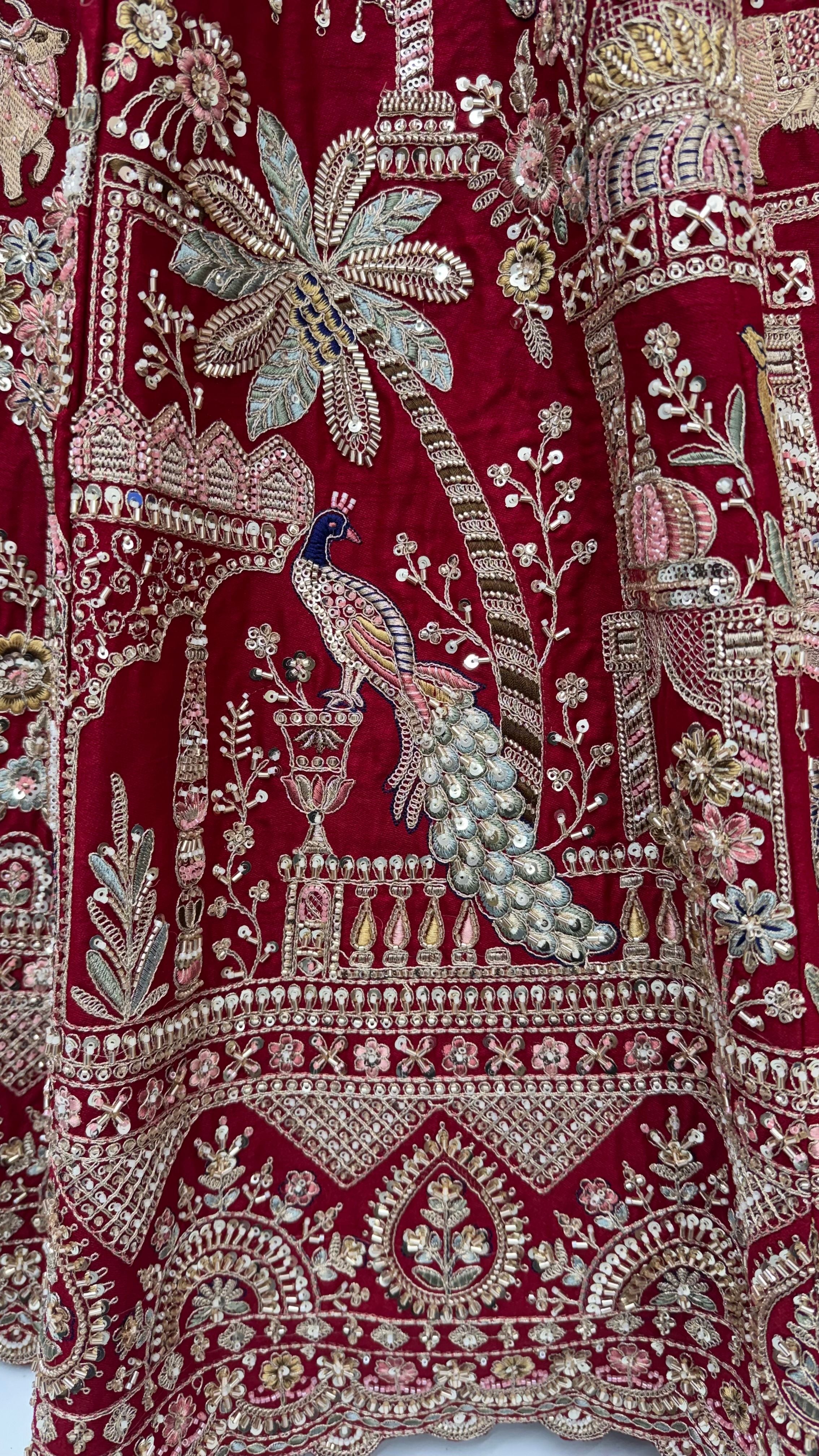 Red Pure Soft Multi Color Motif Multi thread Embroidery Sequins Work Bridal Lehenga Choli