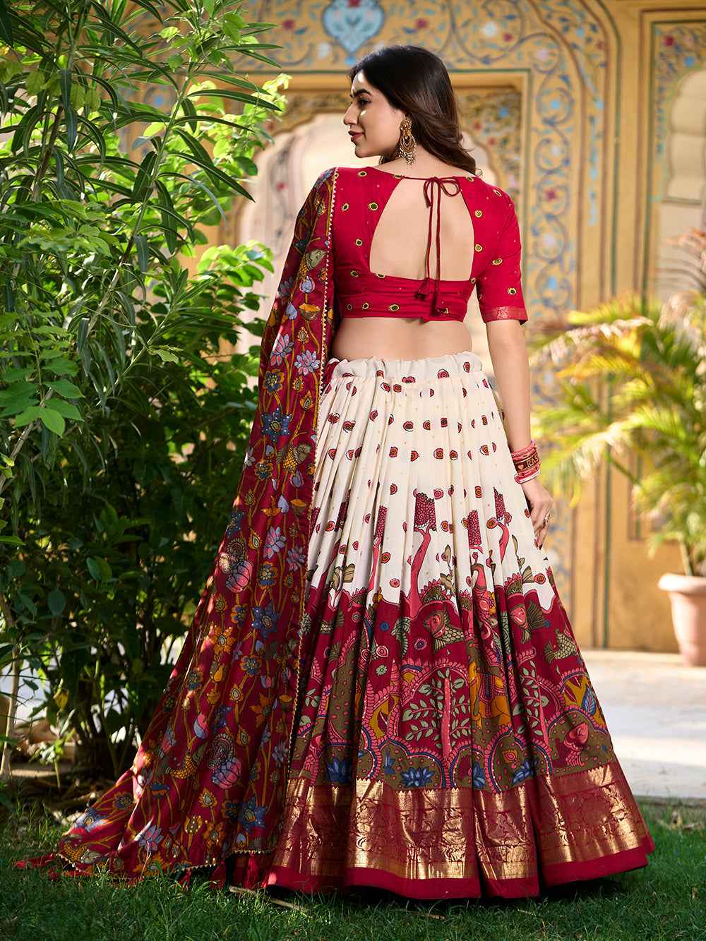 Off White Pure Tasar Silk Kalamkari Print With Foil Work Lehenga Choli