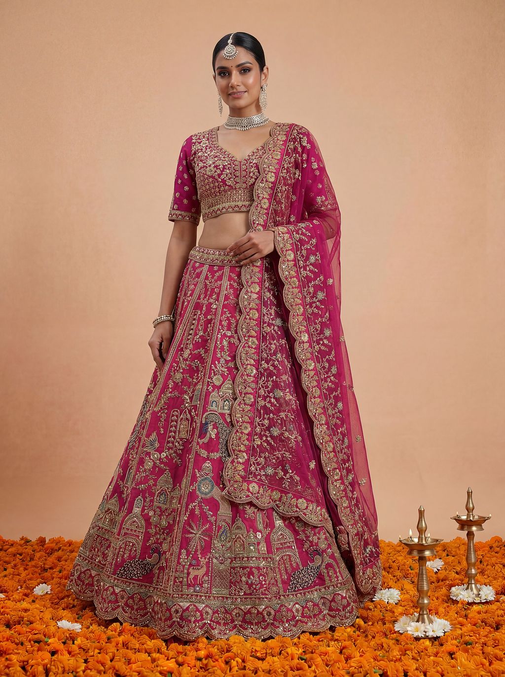 Pink Pure Soft Silk Heavy Embroidery Work Bridal Lehenga